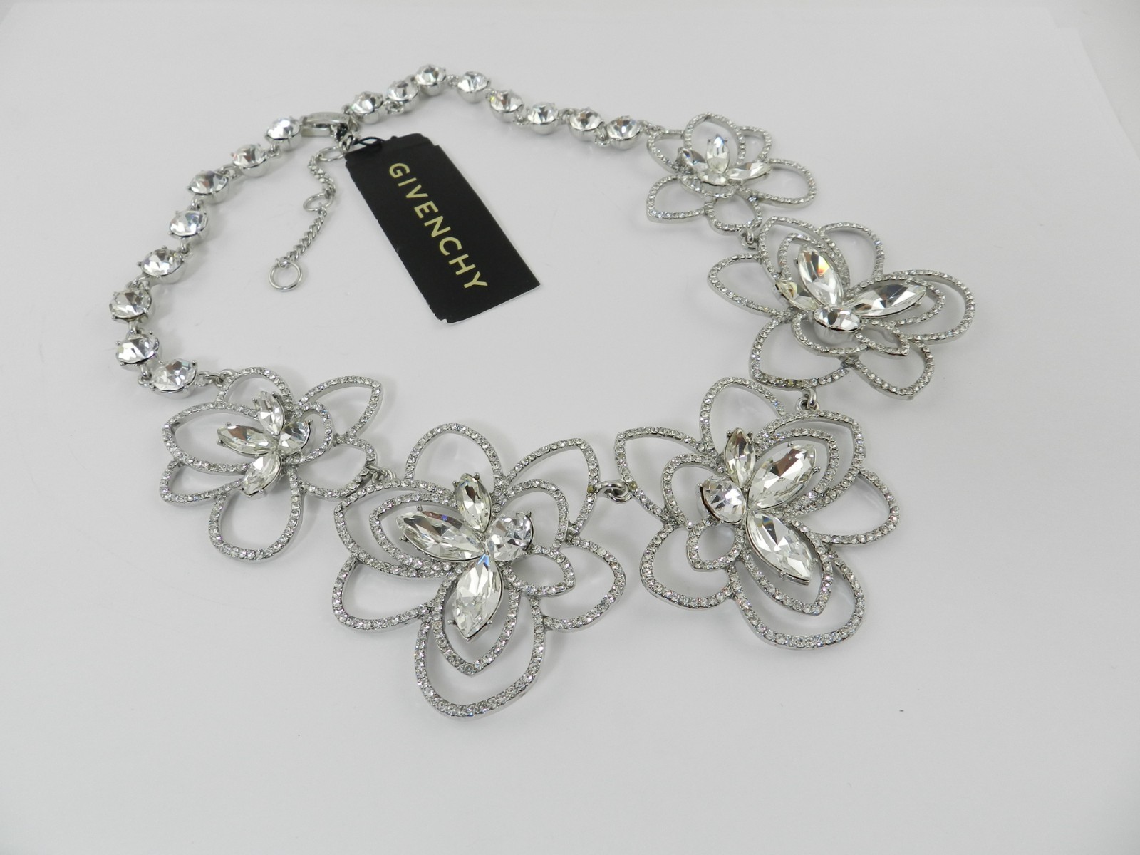 Givenchy Silver-Tone Pavé & Crystal Flower Statement Necklace, 16″ + 3″ extender