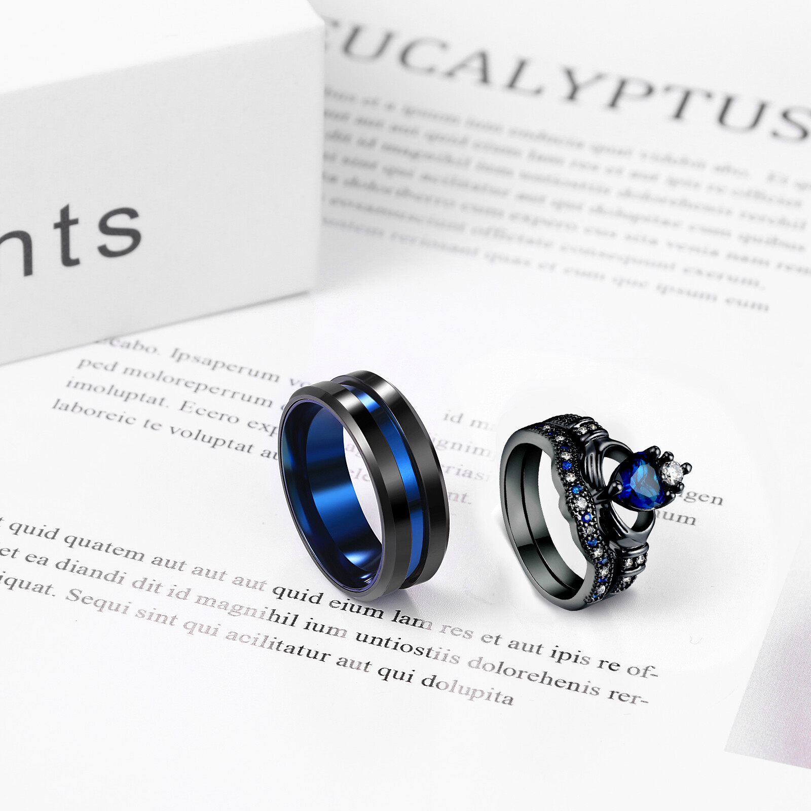 2Pcs His Hers Matching Blue CZ Crown Wedding Rings Stainless Steel Promise Bands