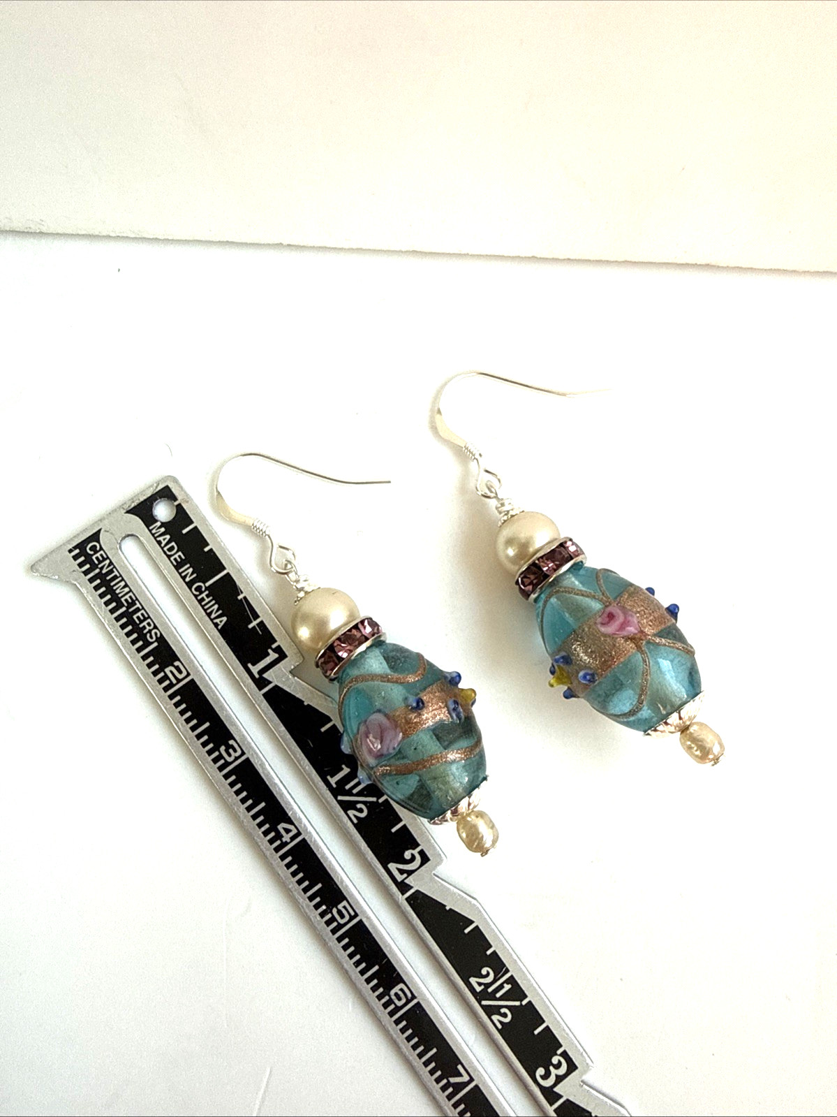 Blue & Pink Wedding Cake Glass Bead Pearl Dangle Earrings Rhinestone Roundelle