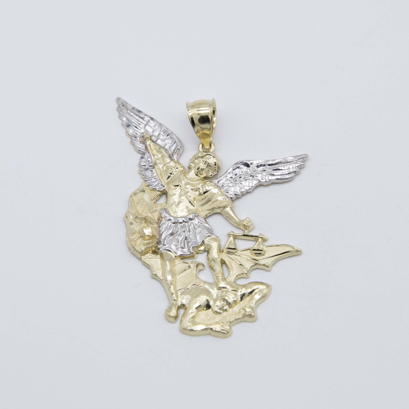 Diamond-Cut St. Michael Archangel and the Devil Pendant 10K Yellow White Gold