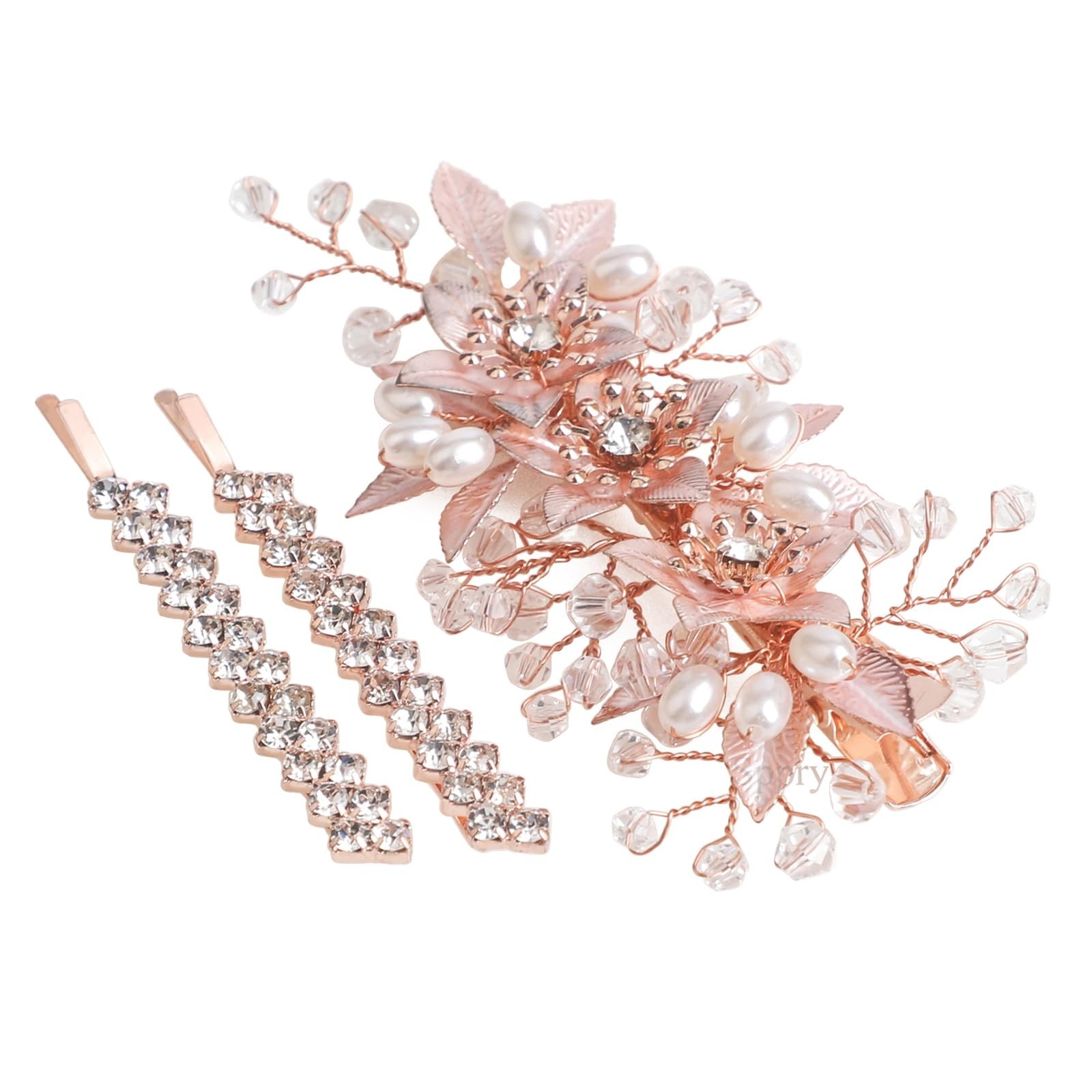 Floral Crystal Pearl Alligator Hair Clip and Rhinestone Bobby Pins, Elegant H…