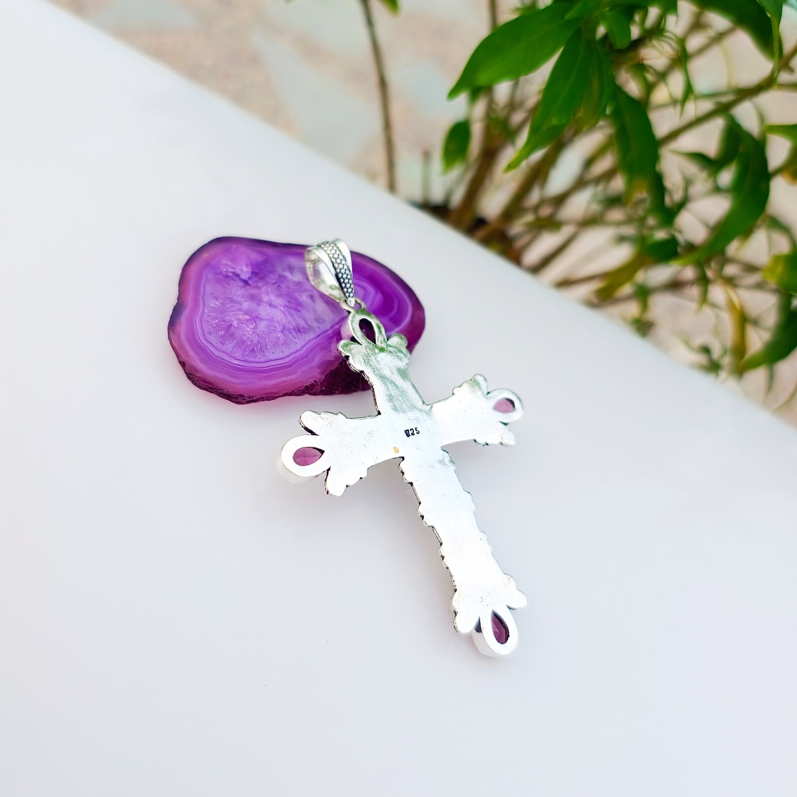 Amethyst Cross Pendant 925 Sterling Silver Handmade Gemstone Jewelry 2.83″