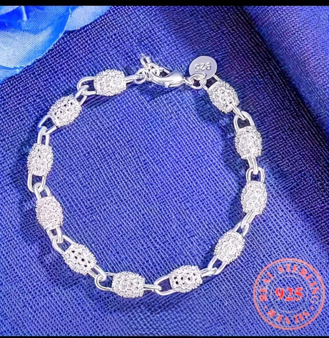 Sterling Silver 925 Filagree Link Chain Bracelet 8in with Lobster Clasp