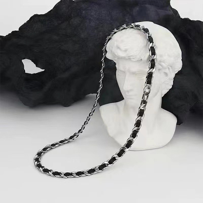Silver Titanium Black PU Leather Jewelry Necklace Bracelet Chic Unisex Jewelry