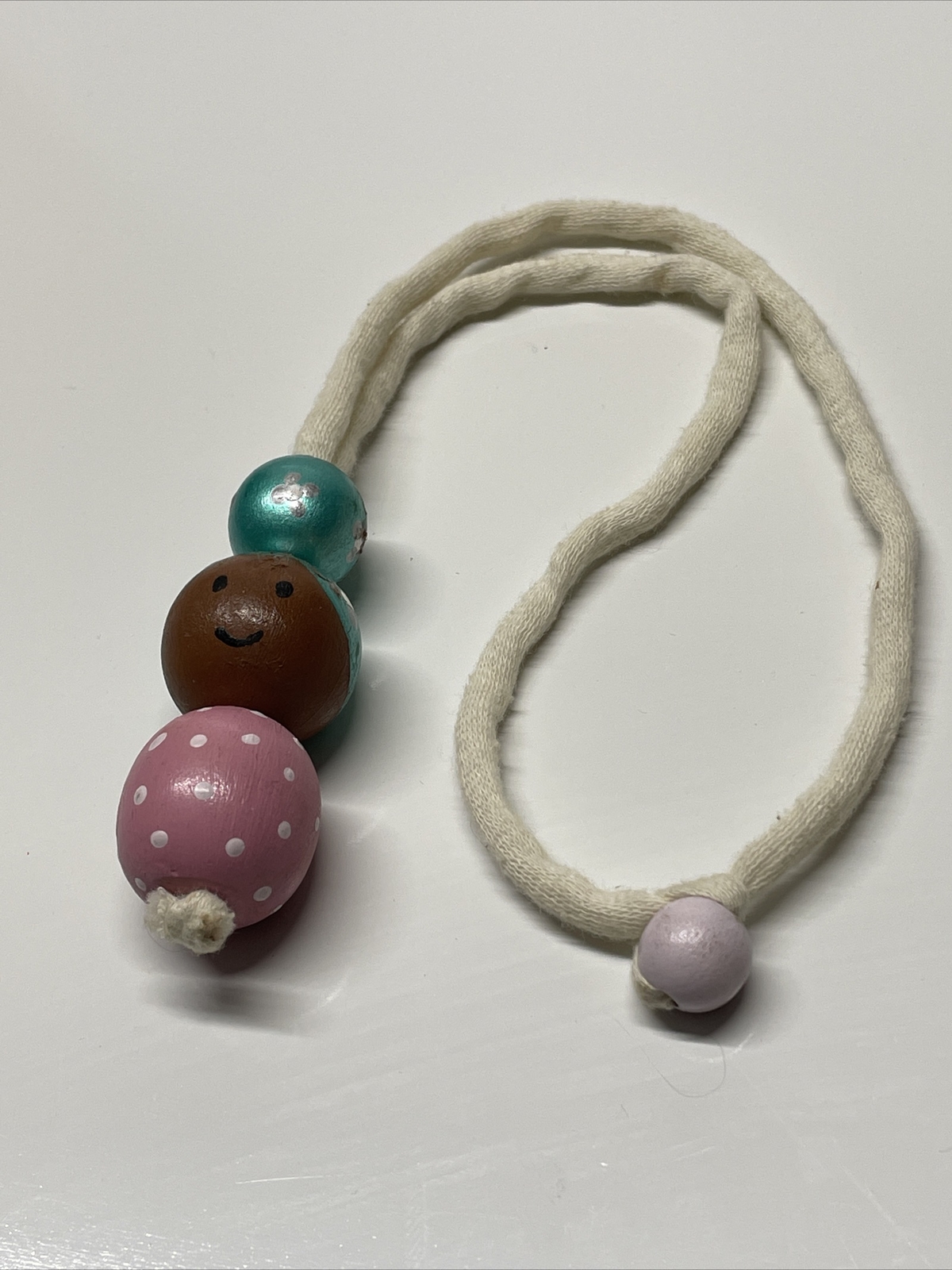 Vintage wooden handmade doll necklace hand painted Beads Pink Aqua Blue