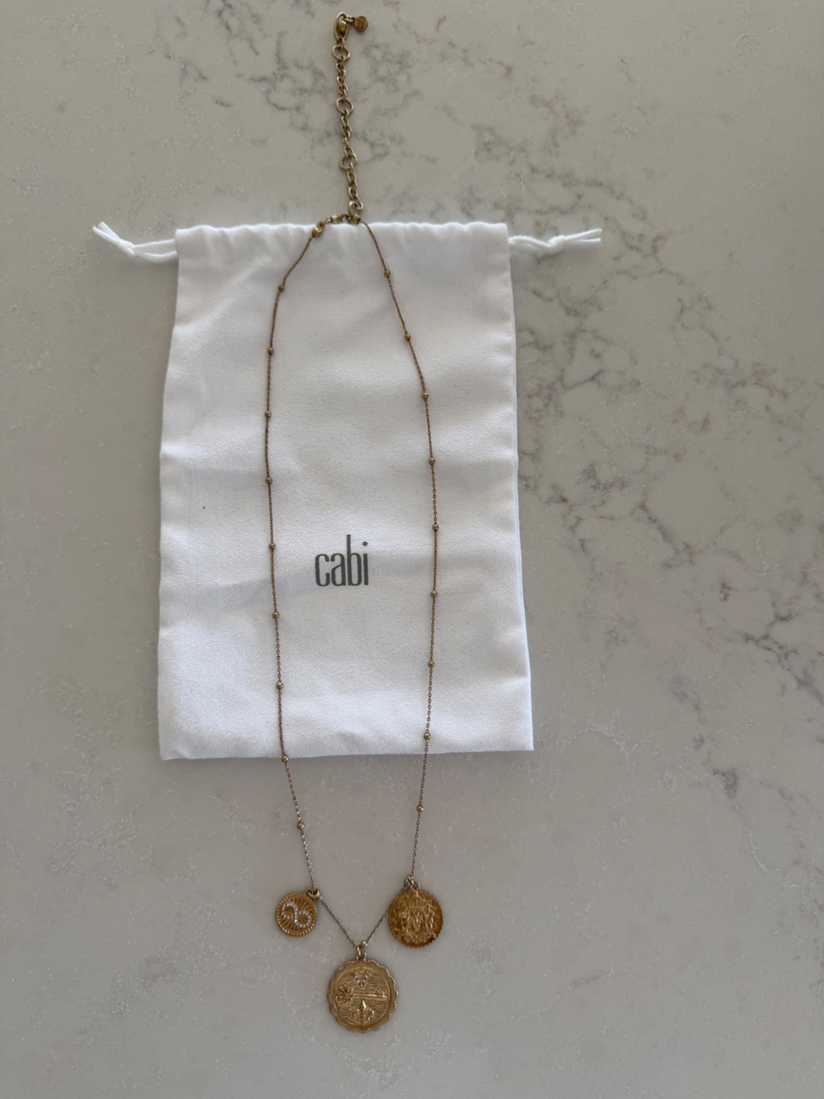 CAbi Gold Tone Apollo Three Crystal Coin Charm Necklace Adjustable Length