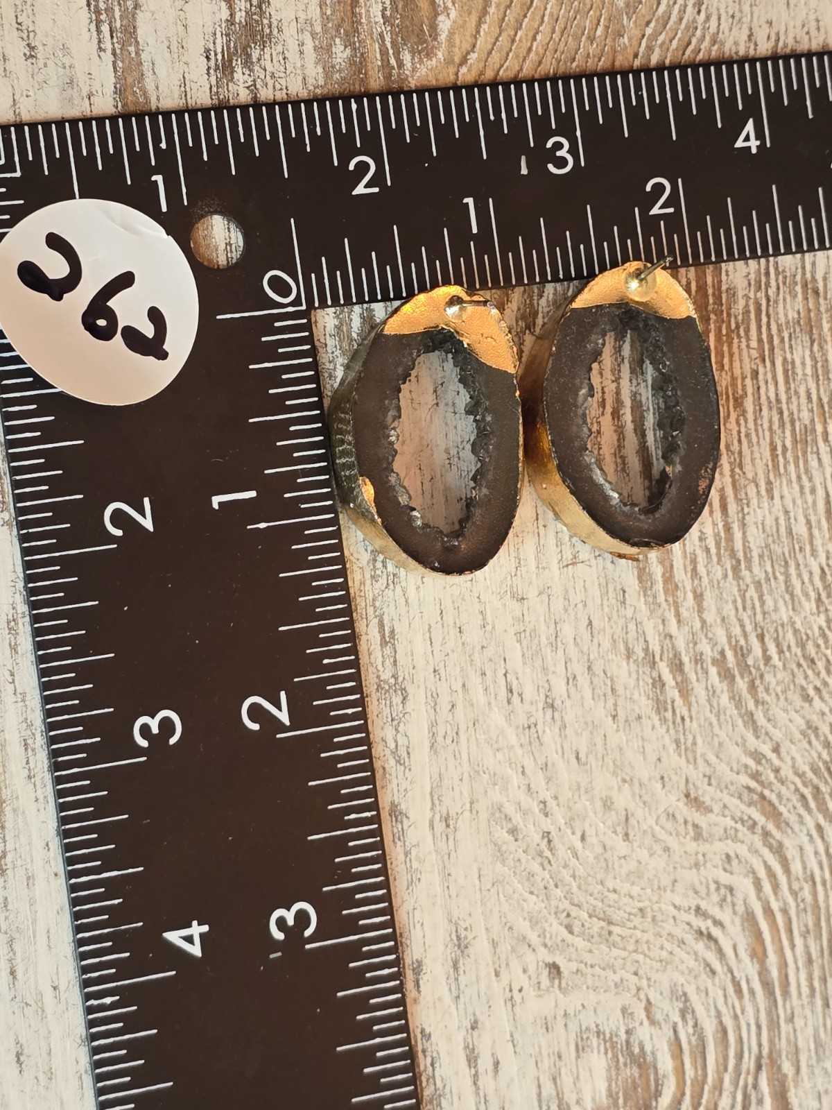 Geode Druzy Statement Earrings Gold Tone Black Crystal Slice Jewelry #262