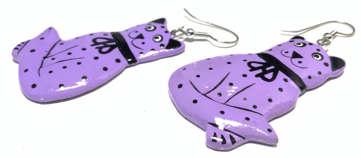 Silver Tone Dangle Drop Purple Cat Earrings LY128