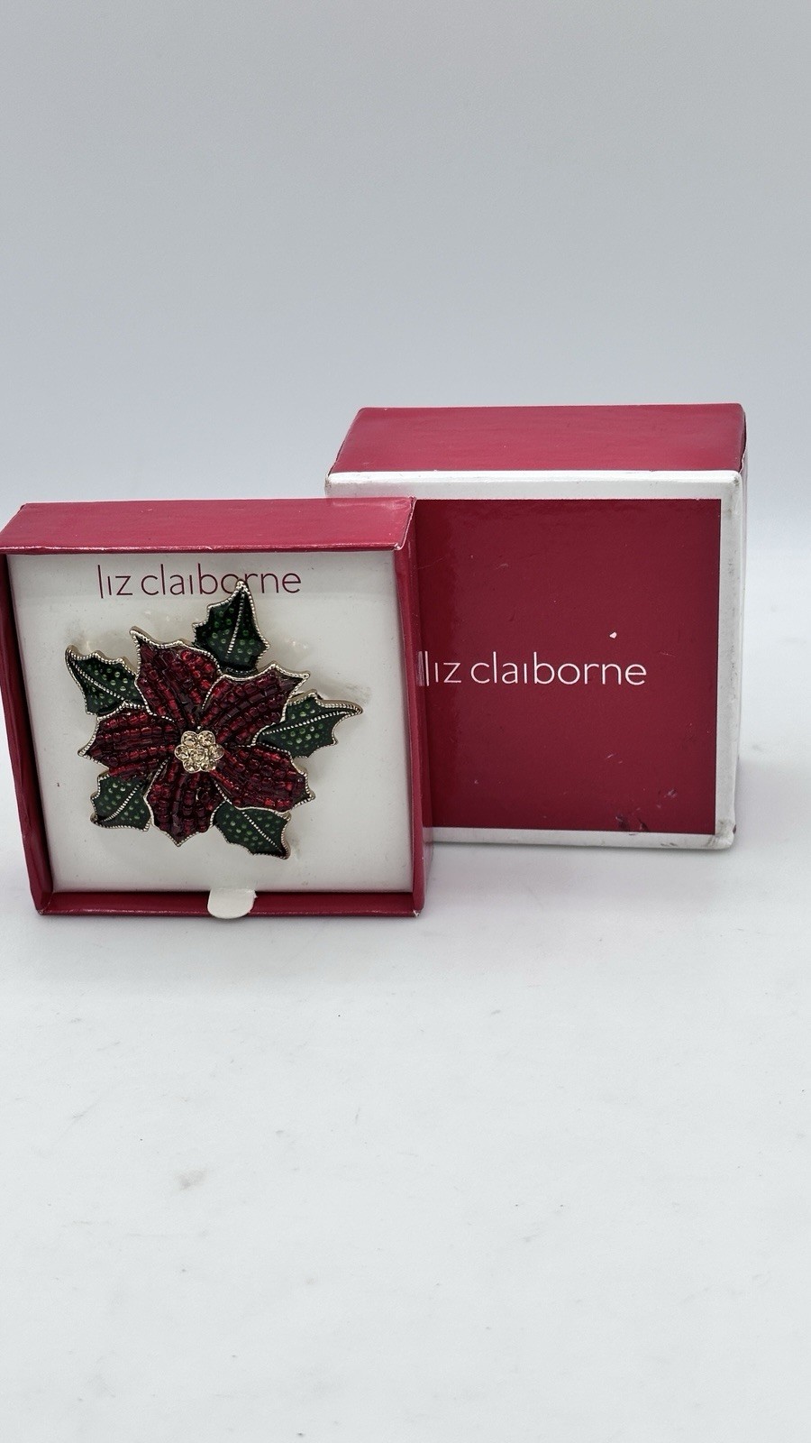 Liz Claiborne Poinsettia Brooch Pin Red Green Rhinestone Beaded w/ Box NWT