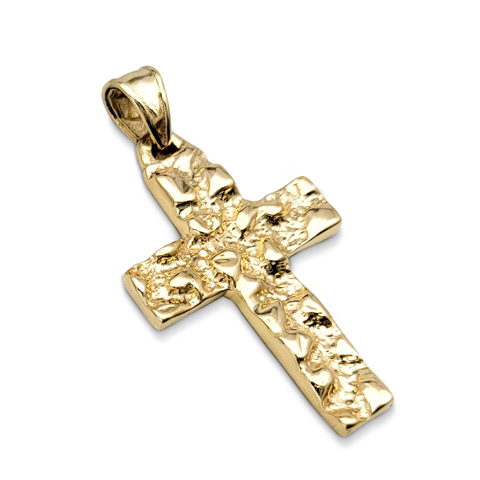 Real 18K Yellow Gold Nugget Cross Handcarved Mens Gold Cross Pendant All Sizes