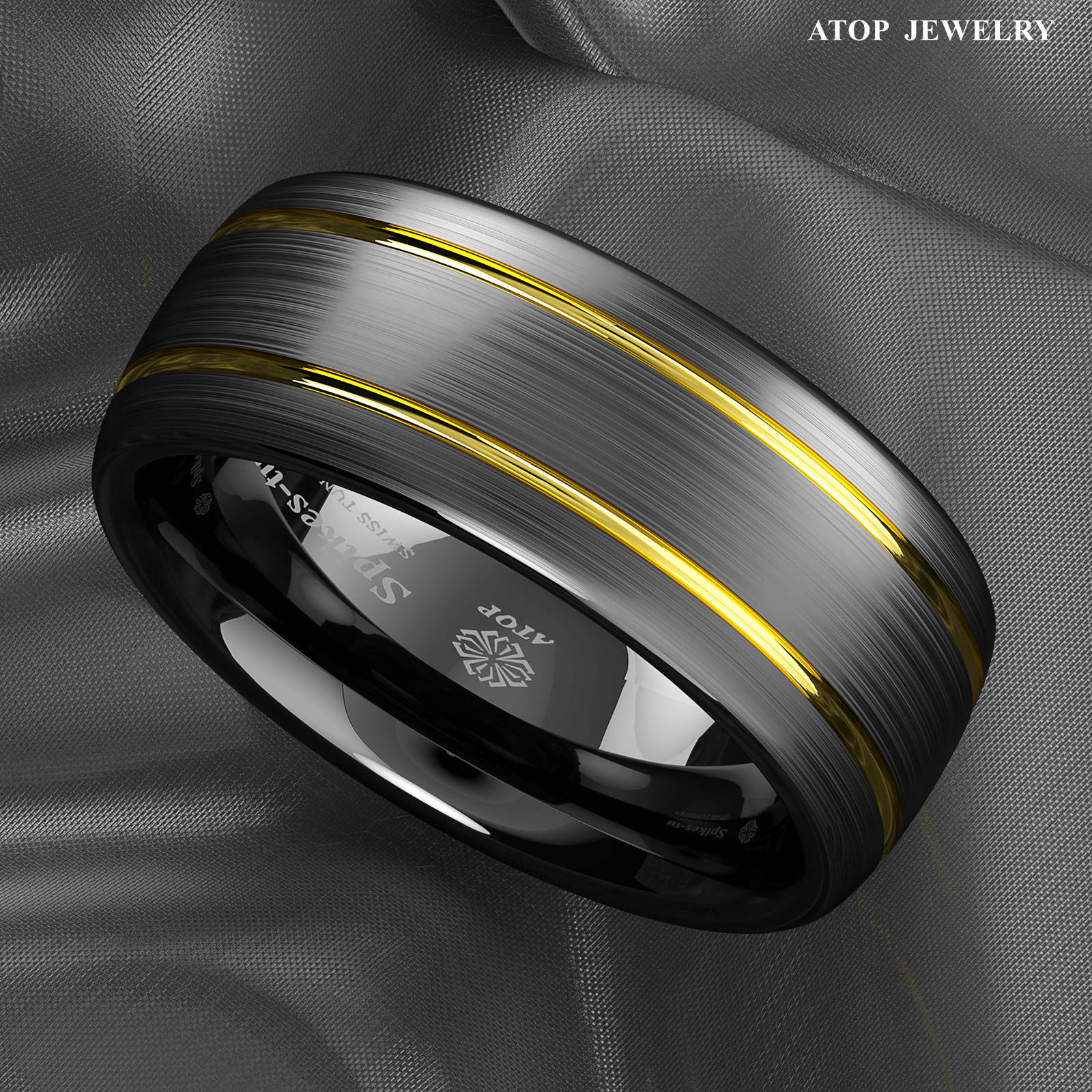 8mm Tungsten Ring Black Brushed Dome 18k gold Wedding Band ATOP Mens Jewelry
