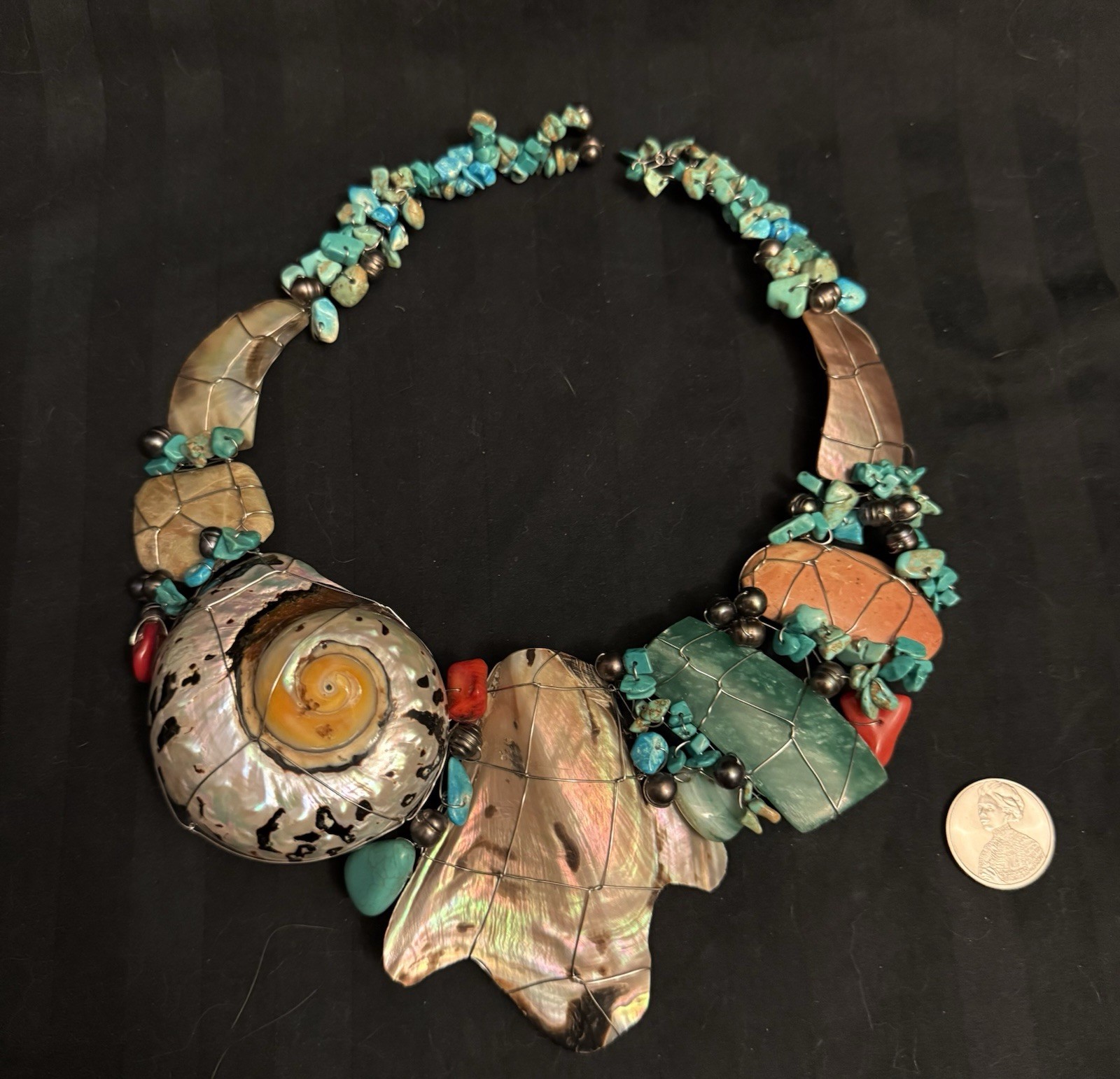 Nautilus Abalone Shell Turquoise & Beads Wire Wrapped Artisan Choker Necklace