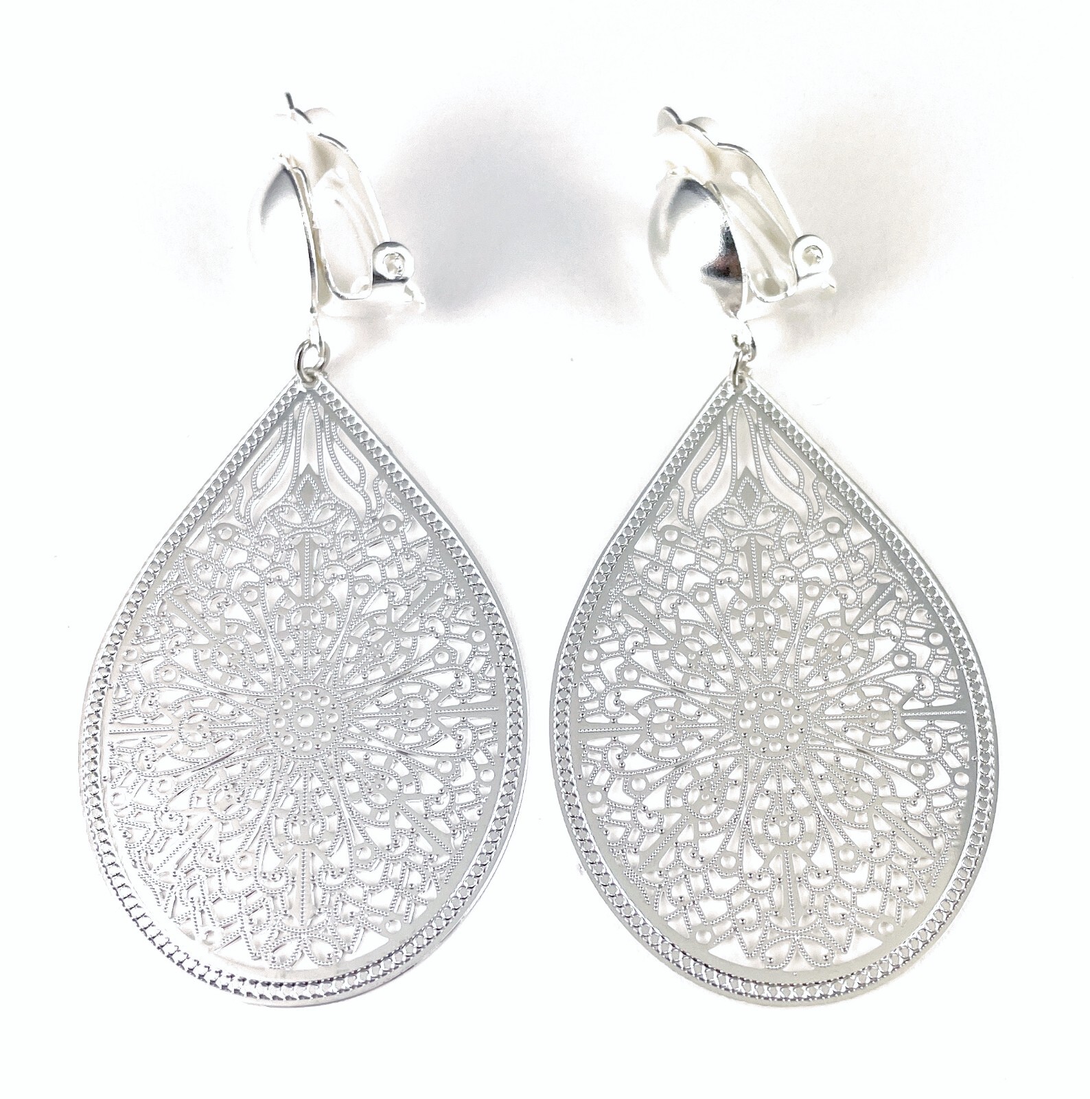 Silver Clip On earrings filigree teardrop pendant clips lightweight 2.5″ long