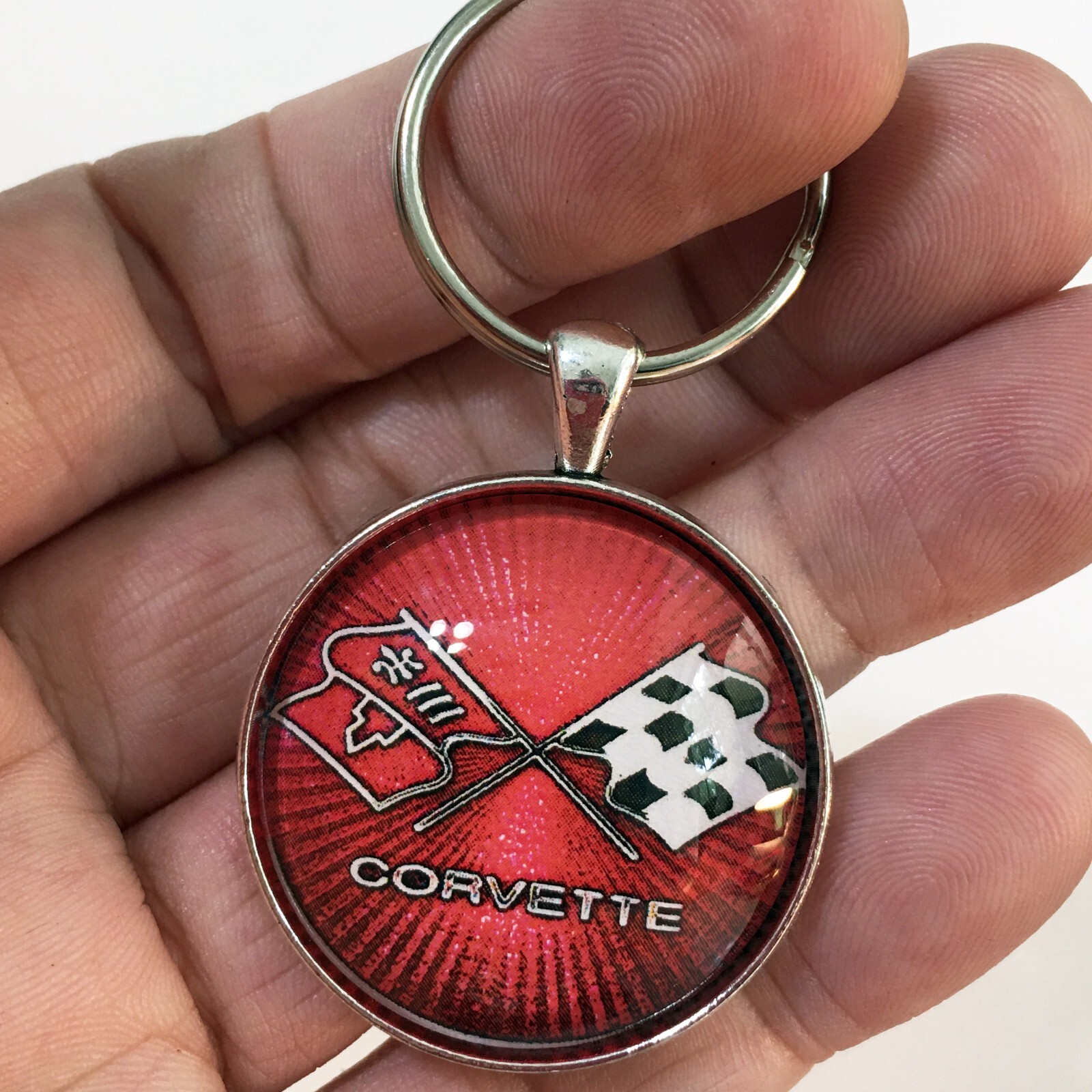 Vintage 1970’s Chevrolet Corvette Racing Flags Logo Emblem Keychain