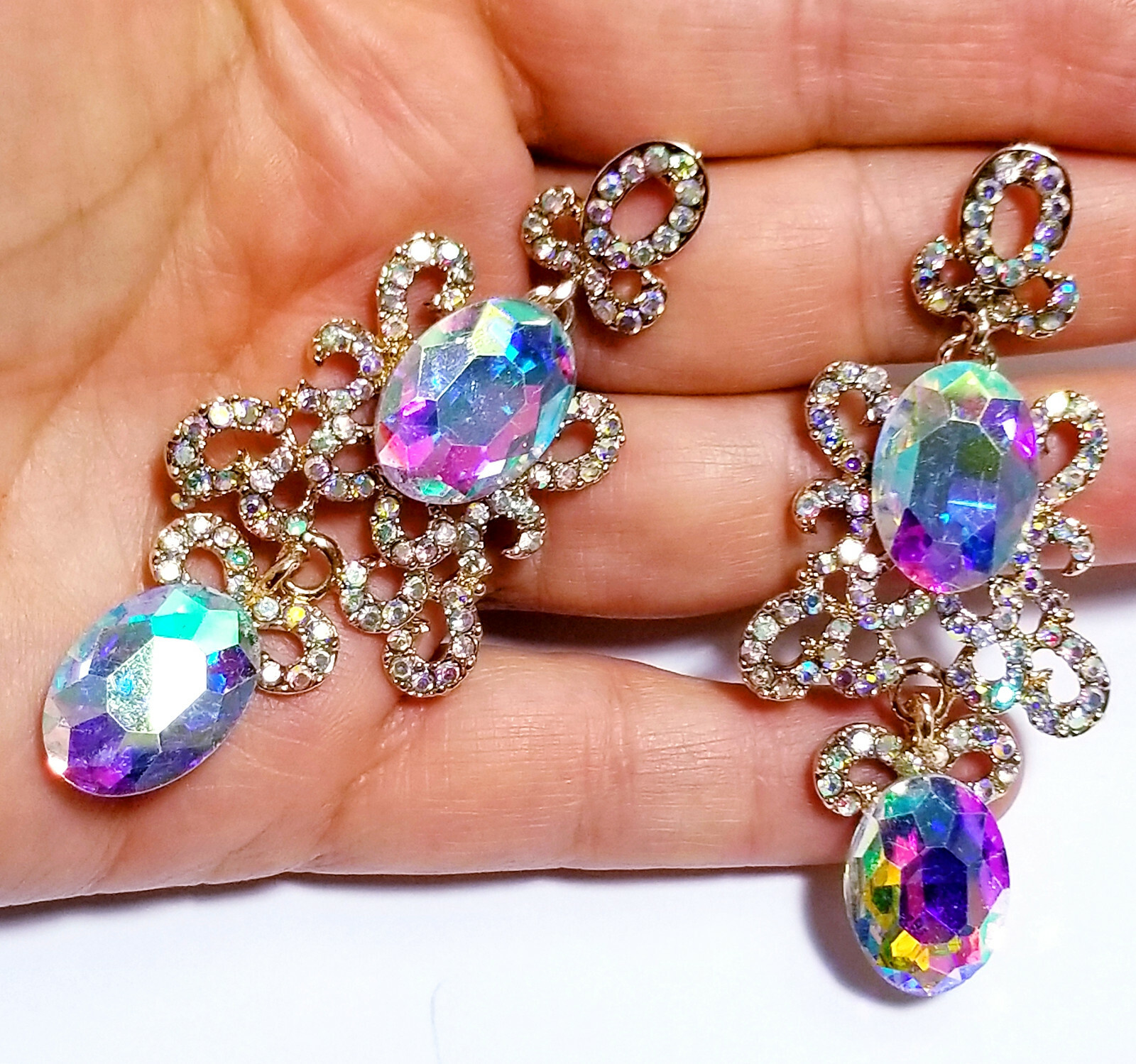 Topaz Color Chandelier Earrings Rhinestone Crystal Statement Drag Queen 2.8 in