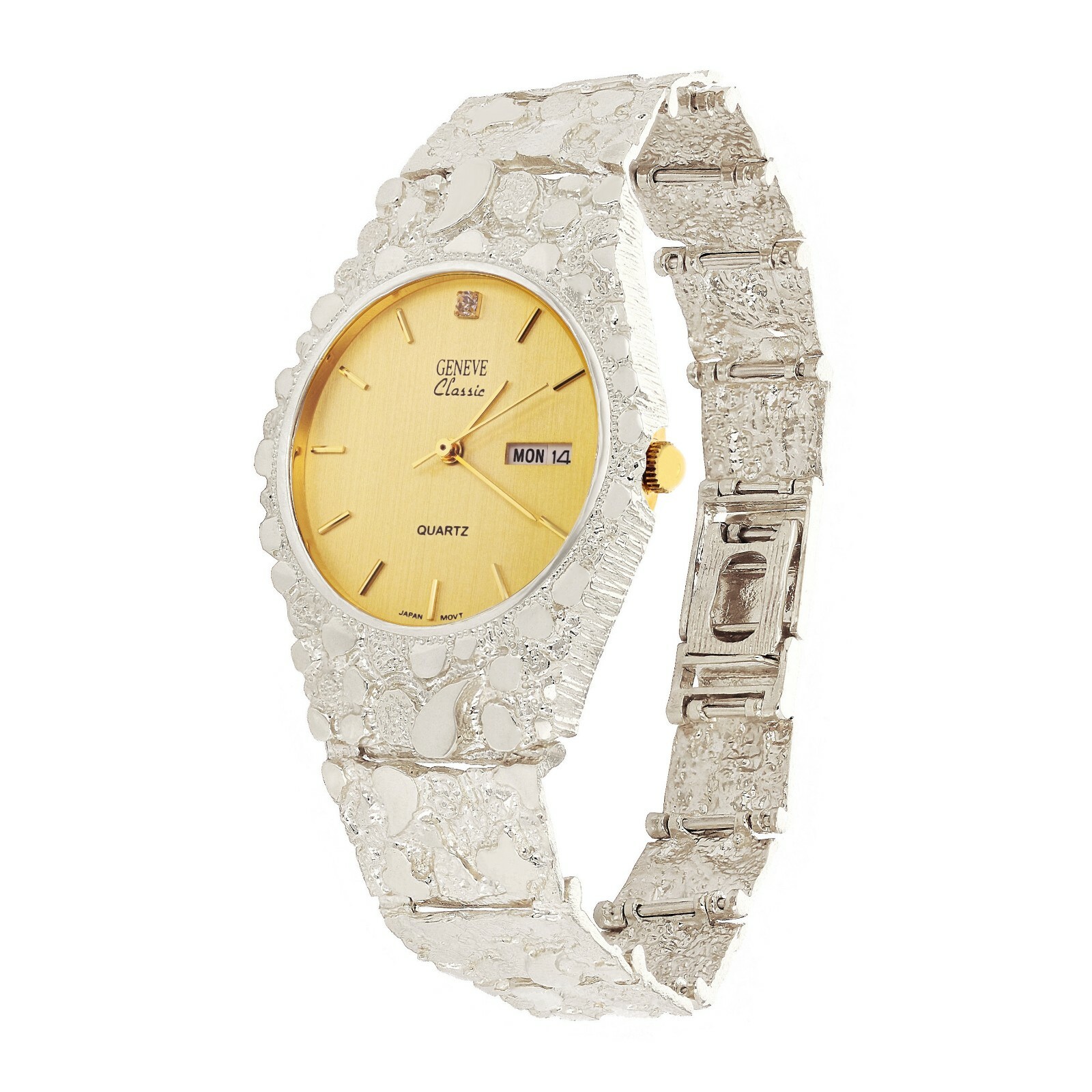 925 Sterling Silver Nugget Wrist Watch Geneve Watch with Diamond 7-7.5″ 42 grams