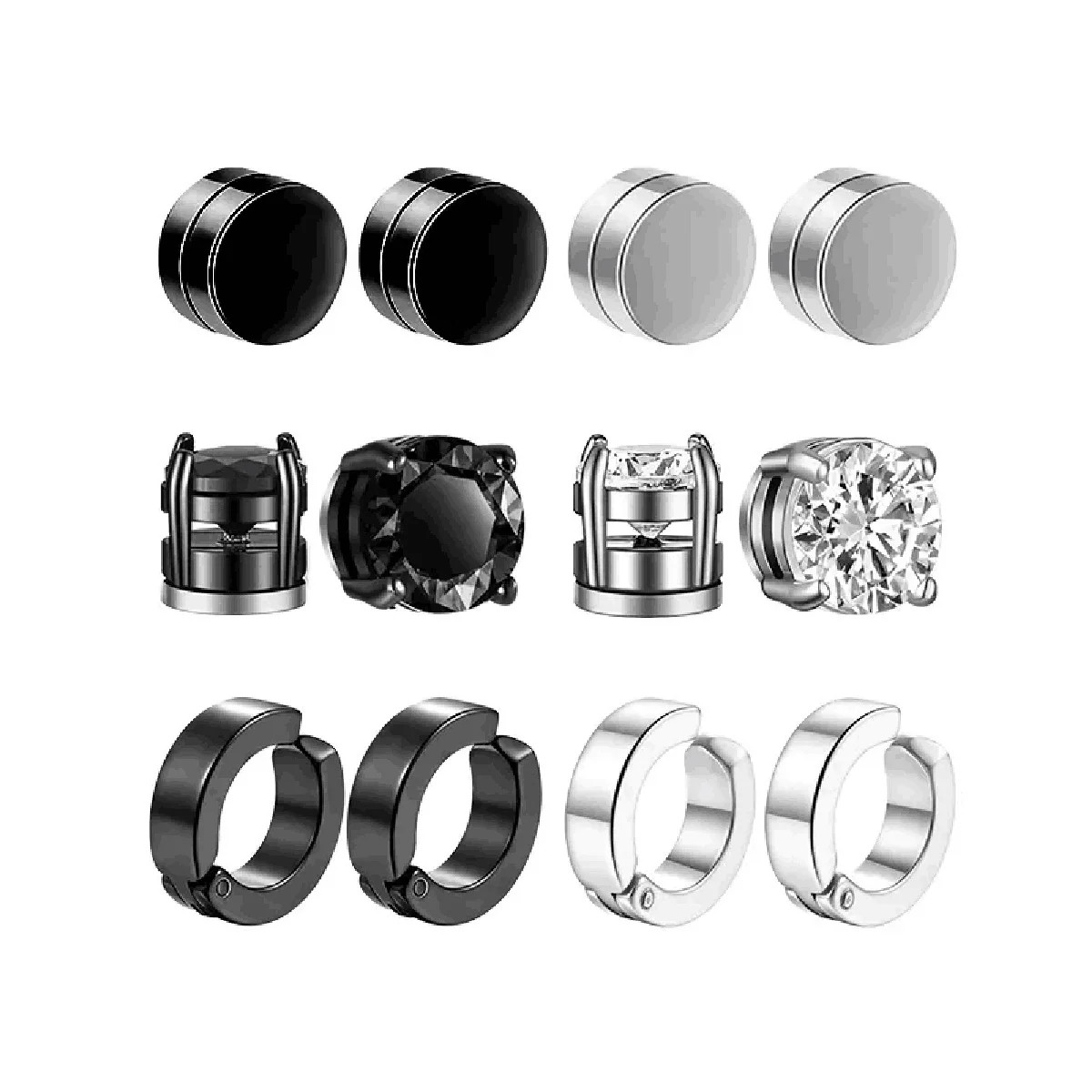 10 Pairs Magnetic Earrings Round Zircon Leaf Design Steel No Piercing Men