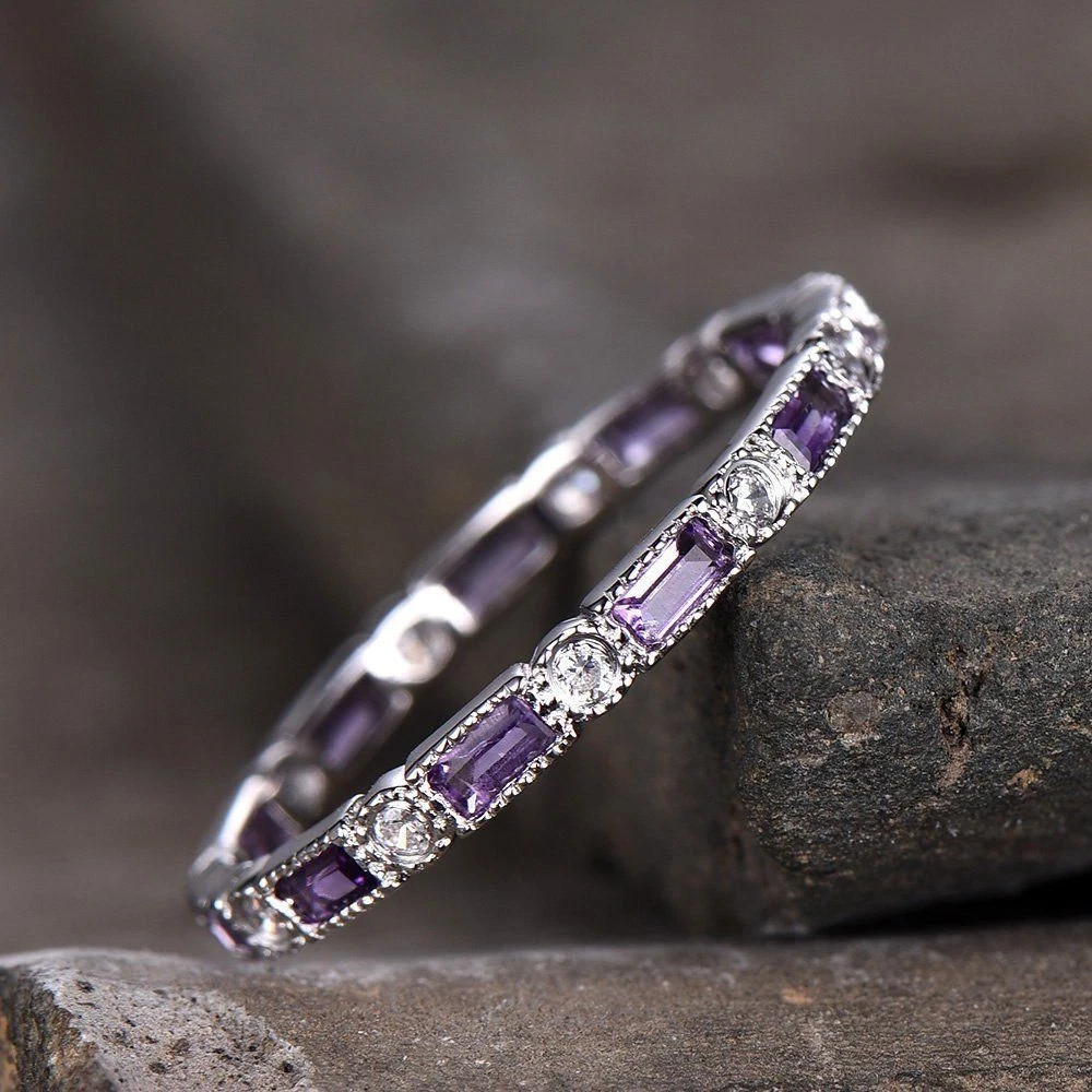 1ct Natural Amethyst & Diamond Eternity Wedding Band Ring 14k SOLID White Gold