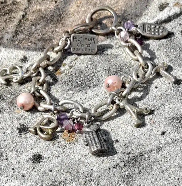 Charm Bracelet Shopping BRAT Platinum Fur Coat Costume Bracelet Vtg Silver tone