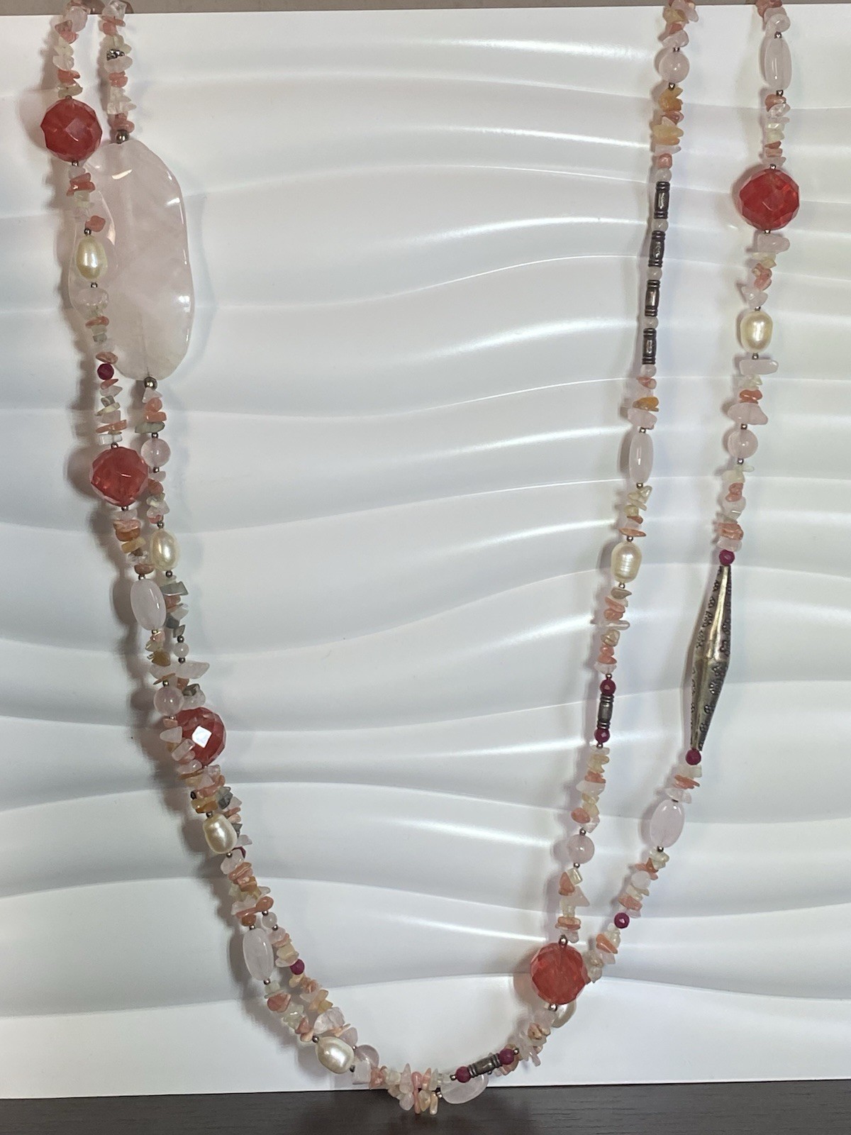 Pink White Red, Oval, Silver, Baroque Pink Quartz Pearl Multi Thread Long Necklace