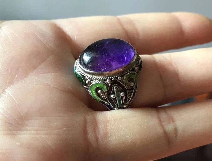 Vintage Chinese Silver Filigree Enamel Amethyst Bracelet Ring Set Jewelry