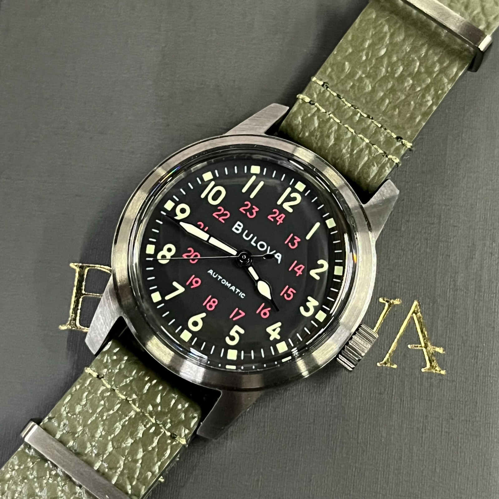 Bulova Hack 38MM Black Dial Green Leather Strap Automatic Men’s Watch 98A255