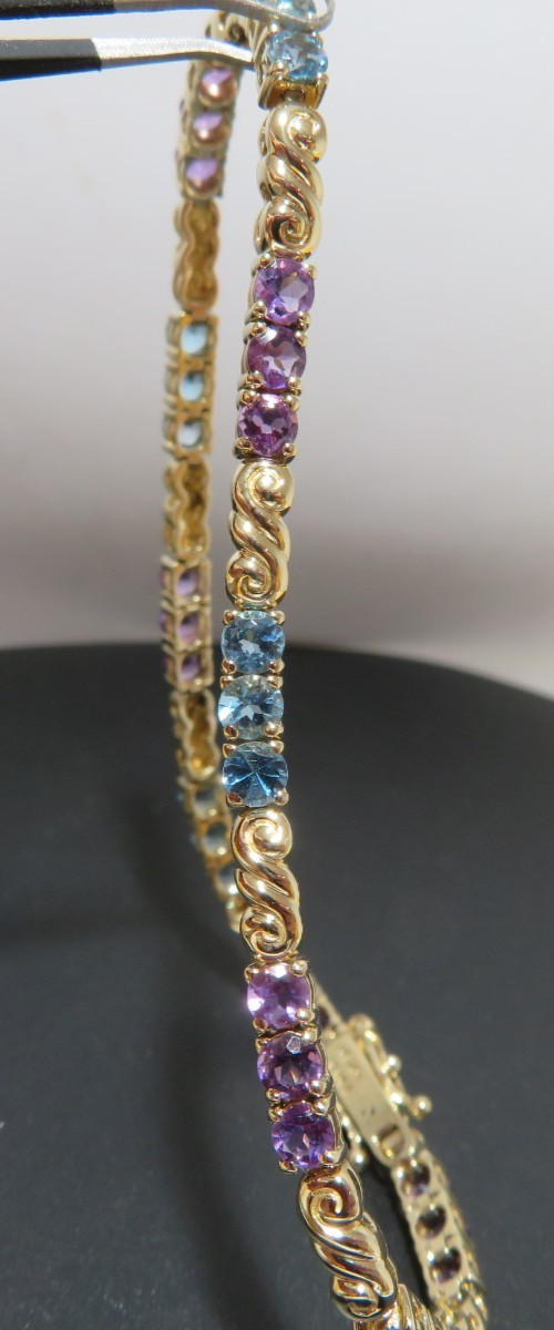 14K YG MULTI-GEMSTONE TENNIS BRACELET 7.25 ” LONG 3.17 MM WIDE 8.19gram (A19268)