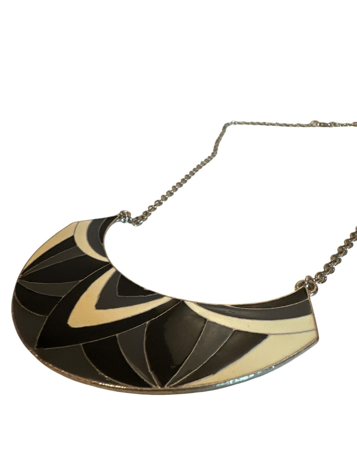 Black & Cream Geometric Statement Bib Necklace Chain Career Art 27 inches