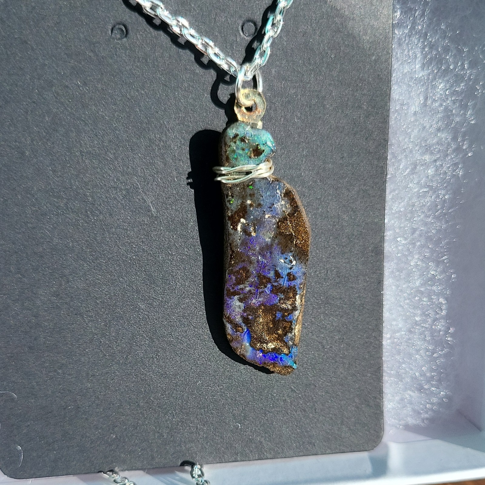 Opal Wire-Wrap Freeform Charm Pendant Necklace, Cable Chain Lobster Clasp