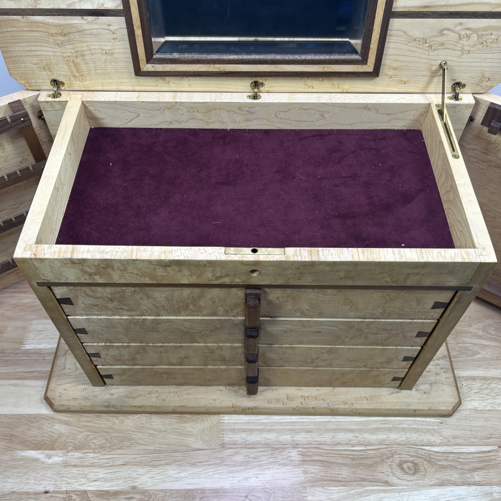 Jewelry Box Handmade Artisan Birdseye Maple Walnut Accent Inlay Lined Dovetail