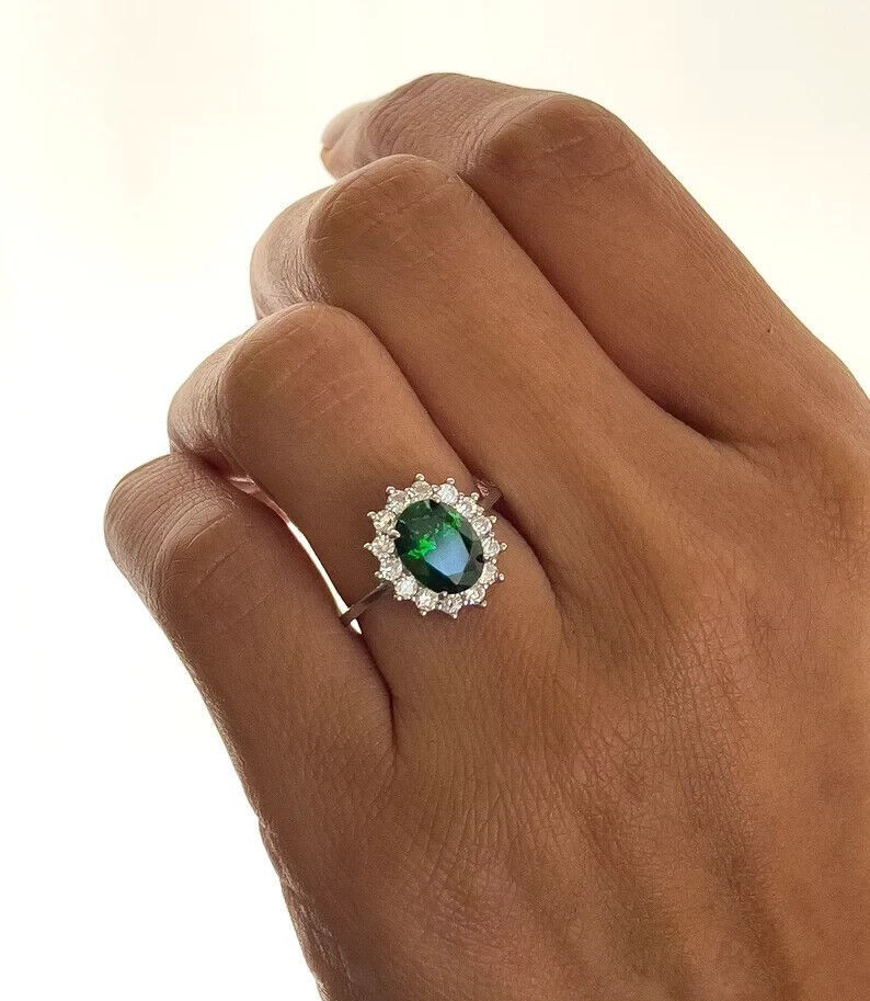 3.94 Ct Oval Cut Natural Emerald & Diamond Engagement Ring 14K White Gold Size 7