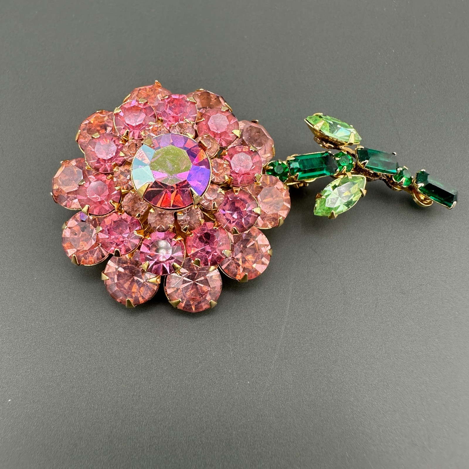 Vintage Judy Lee Rhinestone Flower Brooch Shades of AB Pink Green Long Stem READ