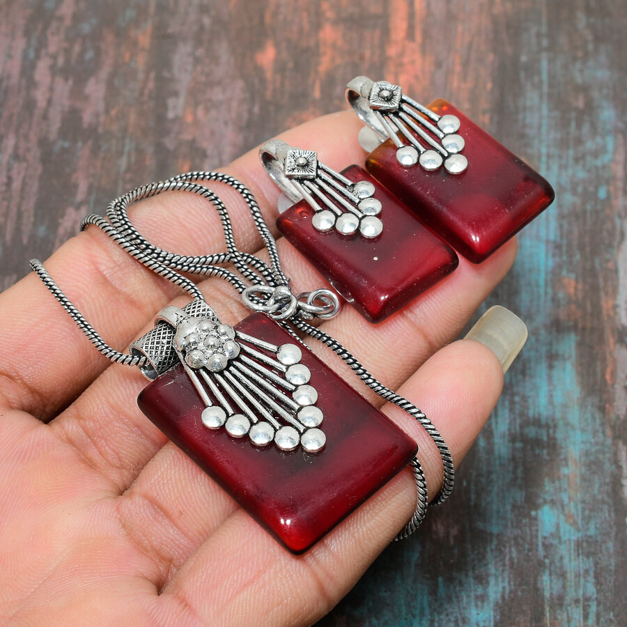 Mozambique Garnet Gemstone Handmade Necklace+Earring Jewelry Set T421