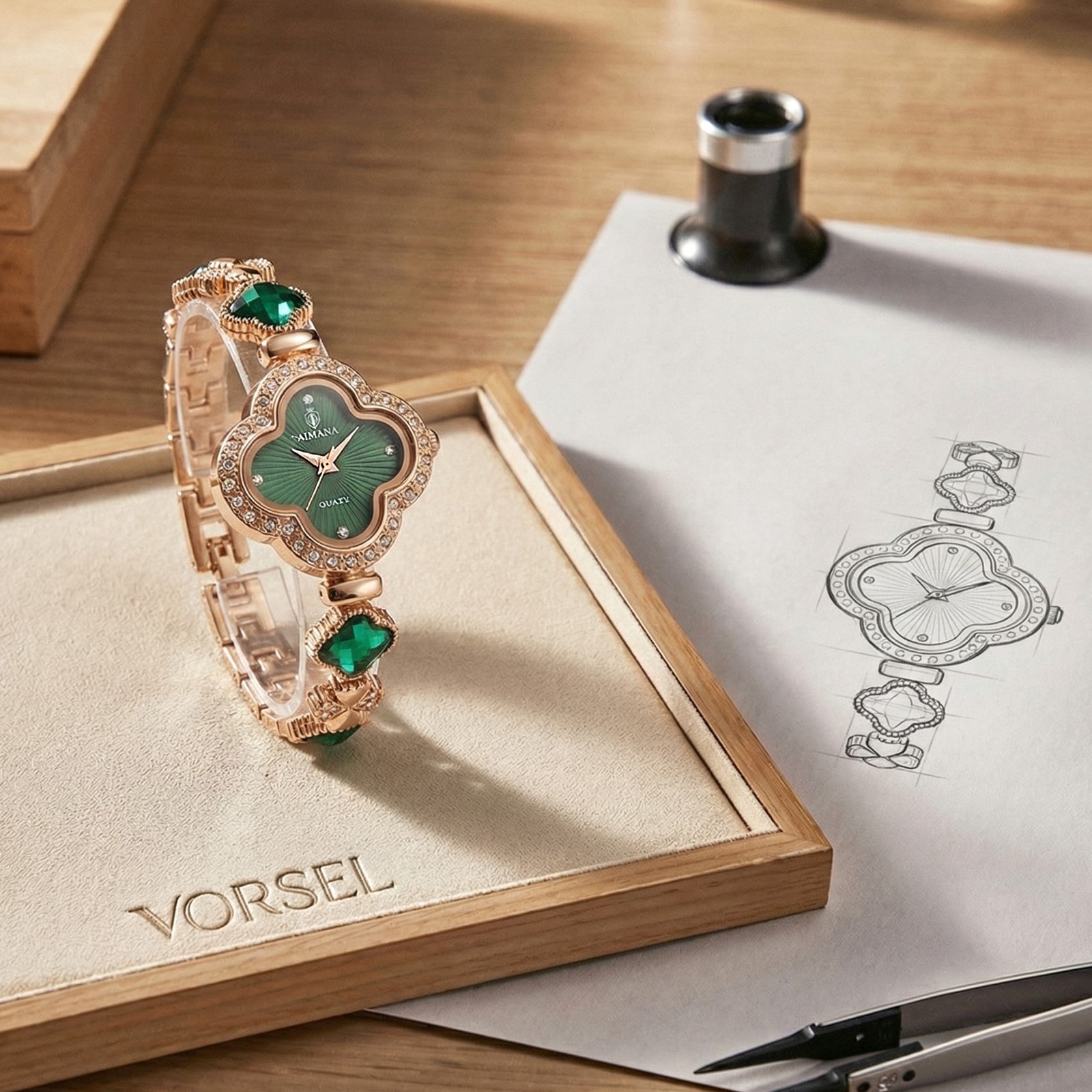 VORSEL Luxury Gold Bracelet Watch for Women Quatrefoil-Shaped Green Dial