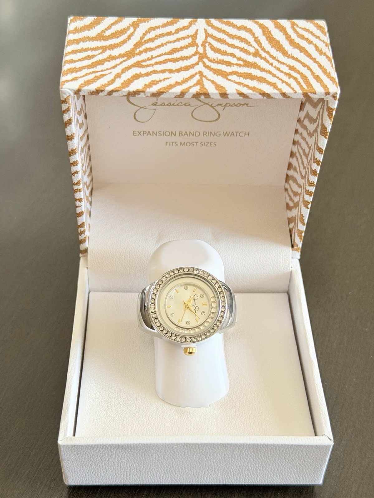 Jessica Simpson Silver Tone Crystal Bezel Stretch Fit Women’s Ring Watch