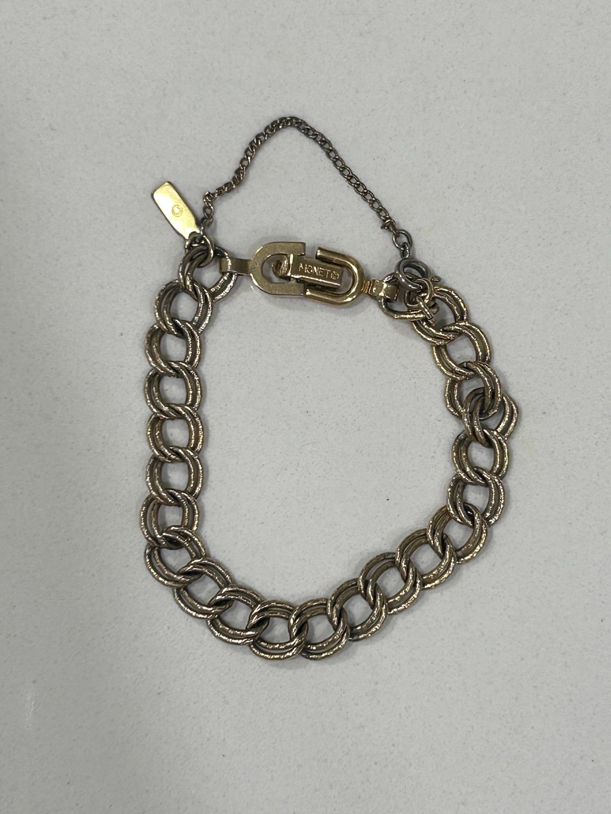 Vintage Monet Charm Bracelet Textured Links Gold Tone With Safety Chain