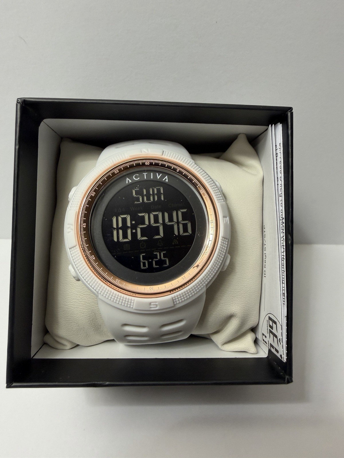 Activa ACW1915 Digital Quartz Sport Watch Backlight White Resin Rose Gold Bezel
