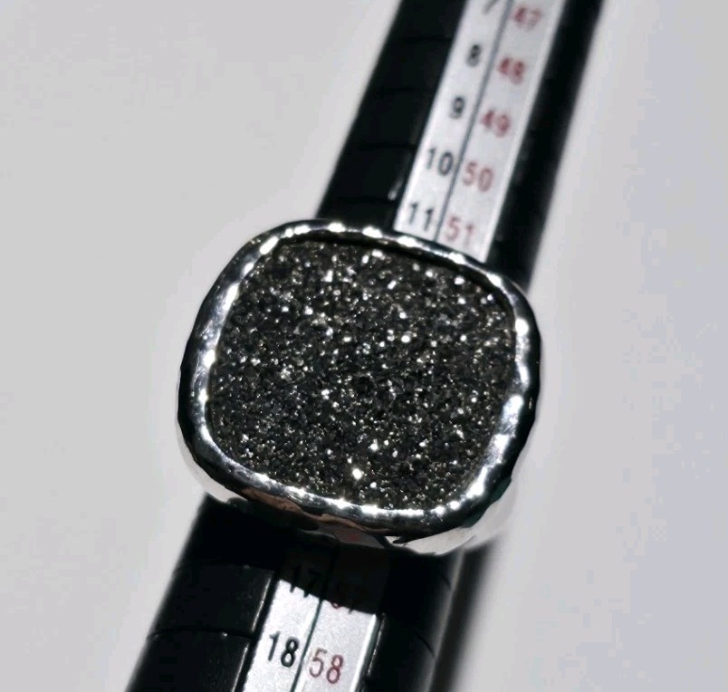 Stunning Sterling Silver 925 Black Druzy Quartz Signet Cocktail Ring Size 7