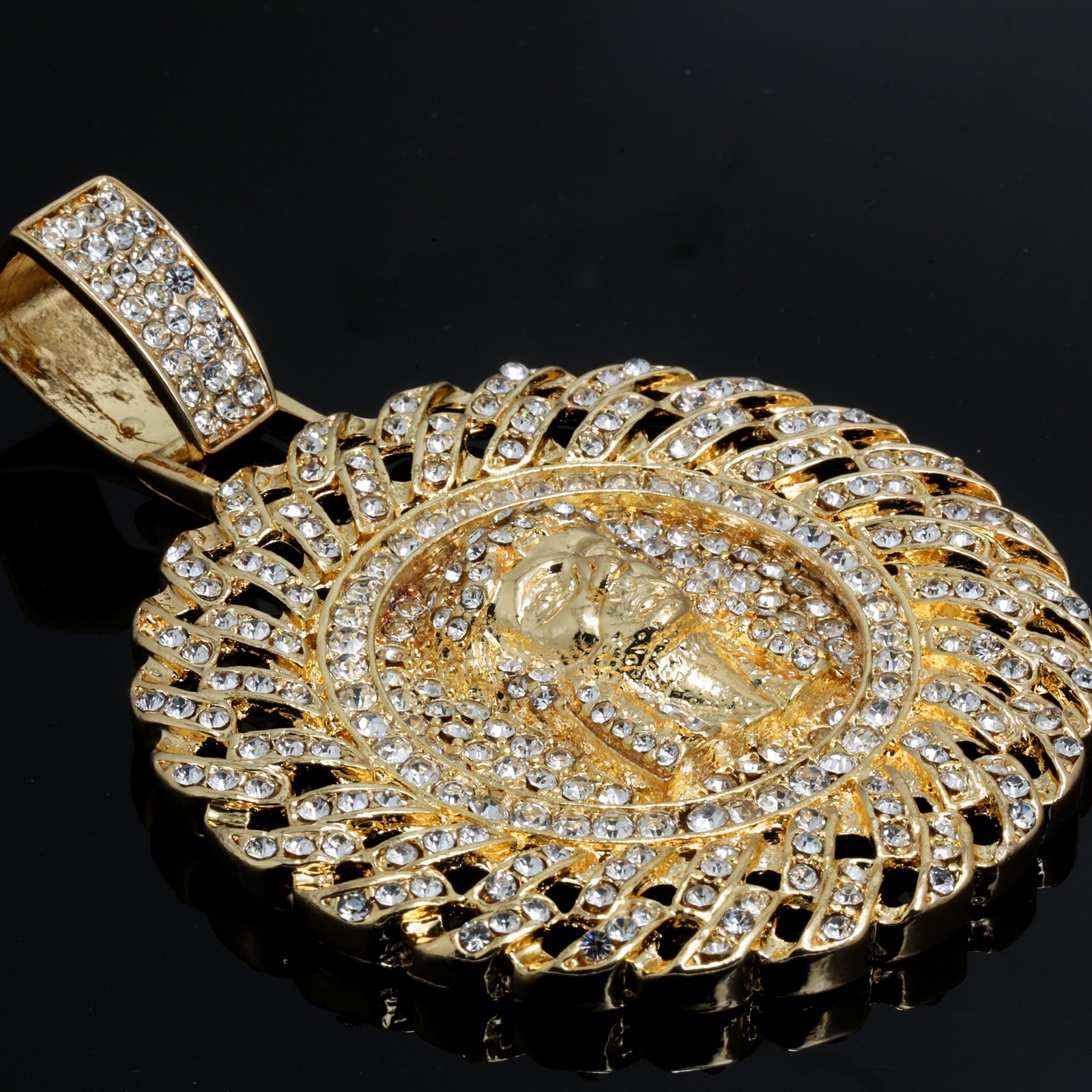 Round Cuban Jesus Face Cubic Zirconia Fully Iced Pendant 10mm Chain Gold Plated