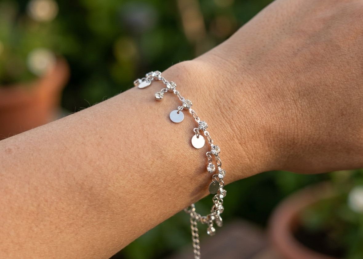 Elegant Silver Tone CZ Disc Bracelet Minimalist Bohemian Adjustable Chain Jewel