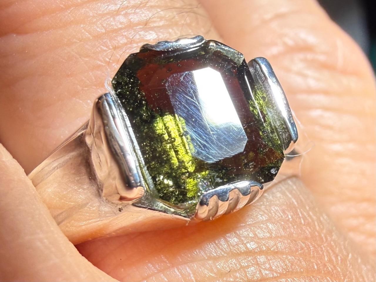 2.4 CT METEORITE MOLDAVITE TEKTITE 925 STERLING SILVER MENS RING SZ 9.5, 6.28 GR