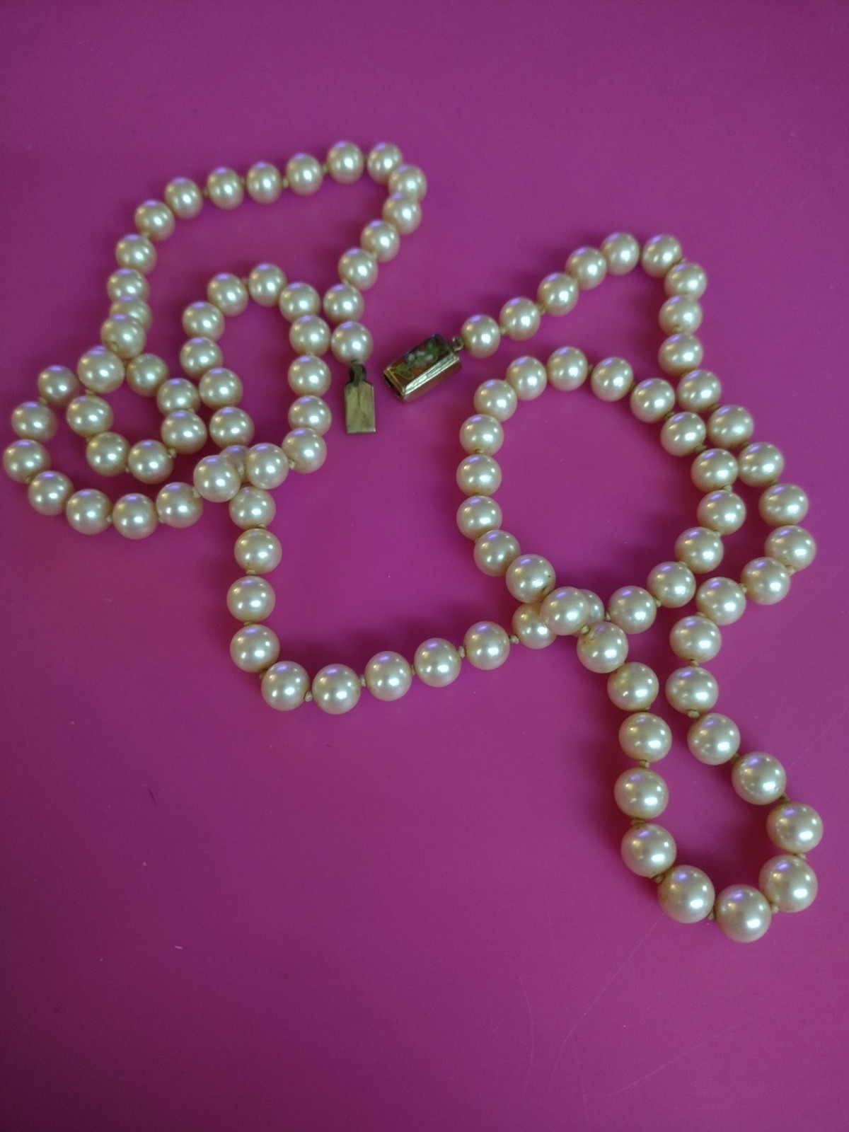 Vintage Cloisonne Clasp 36″ Faux Pearl Necklace