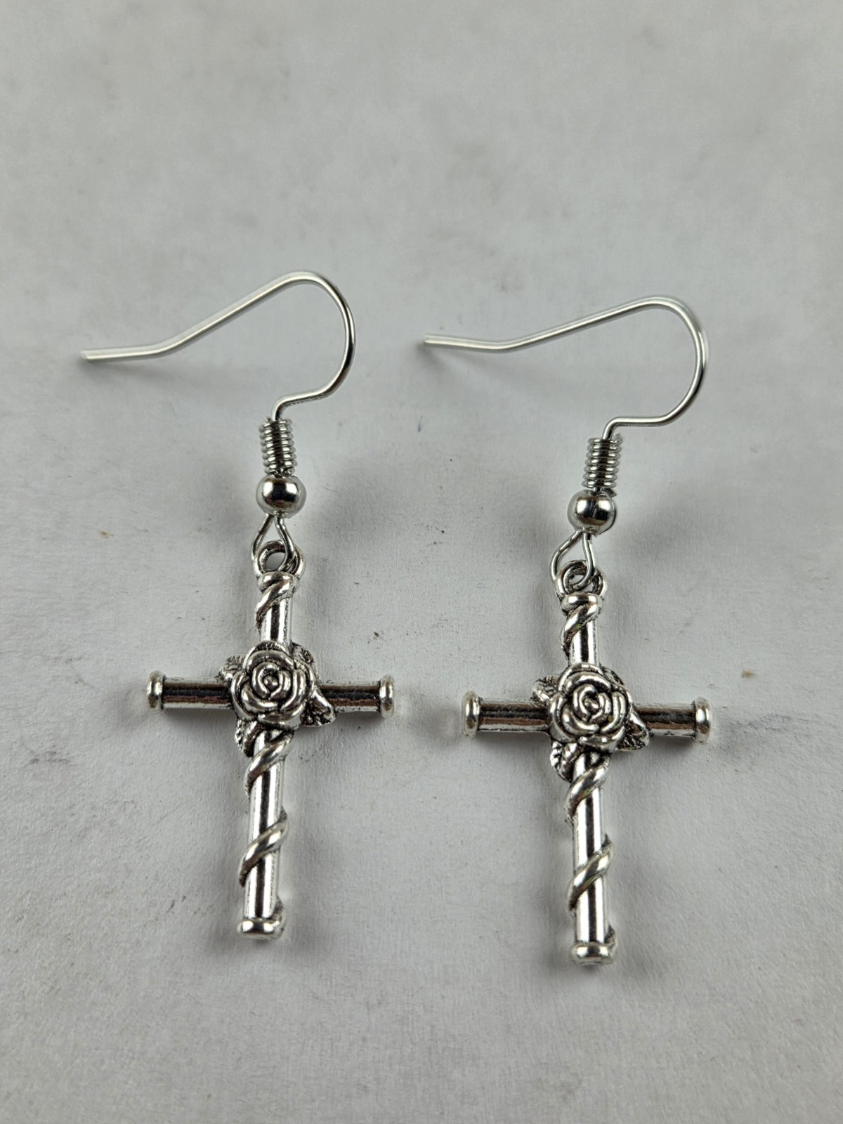 ROSE CROSS EARRINGS with Silver-Toned Metal – New Handcrafted. (JW-3)