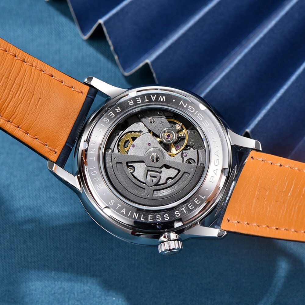 Men Automatic Mechanical Watch Large Dial Leather Sapphire Glass 100M Waterproof