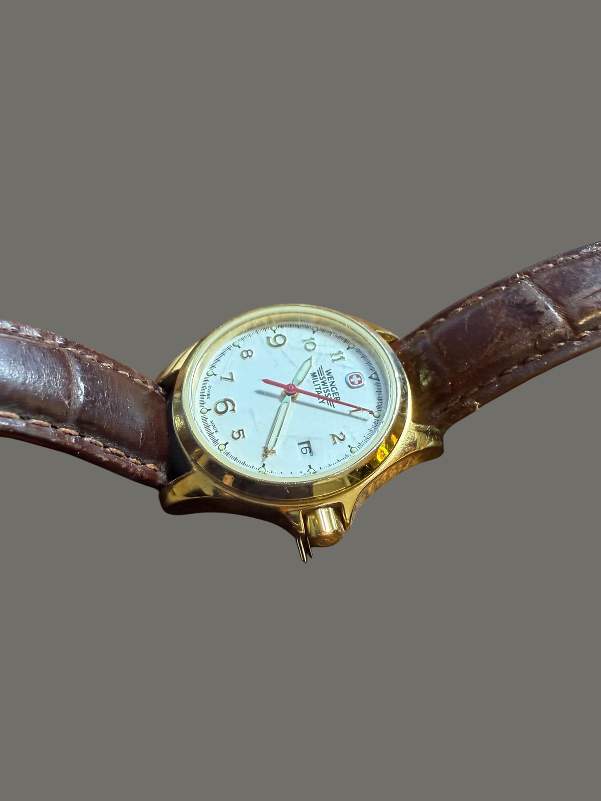 Wenger Swiss Military Women’s Gold Tone Watch 79240 White Dial Brown Leather