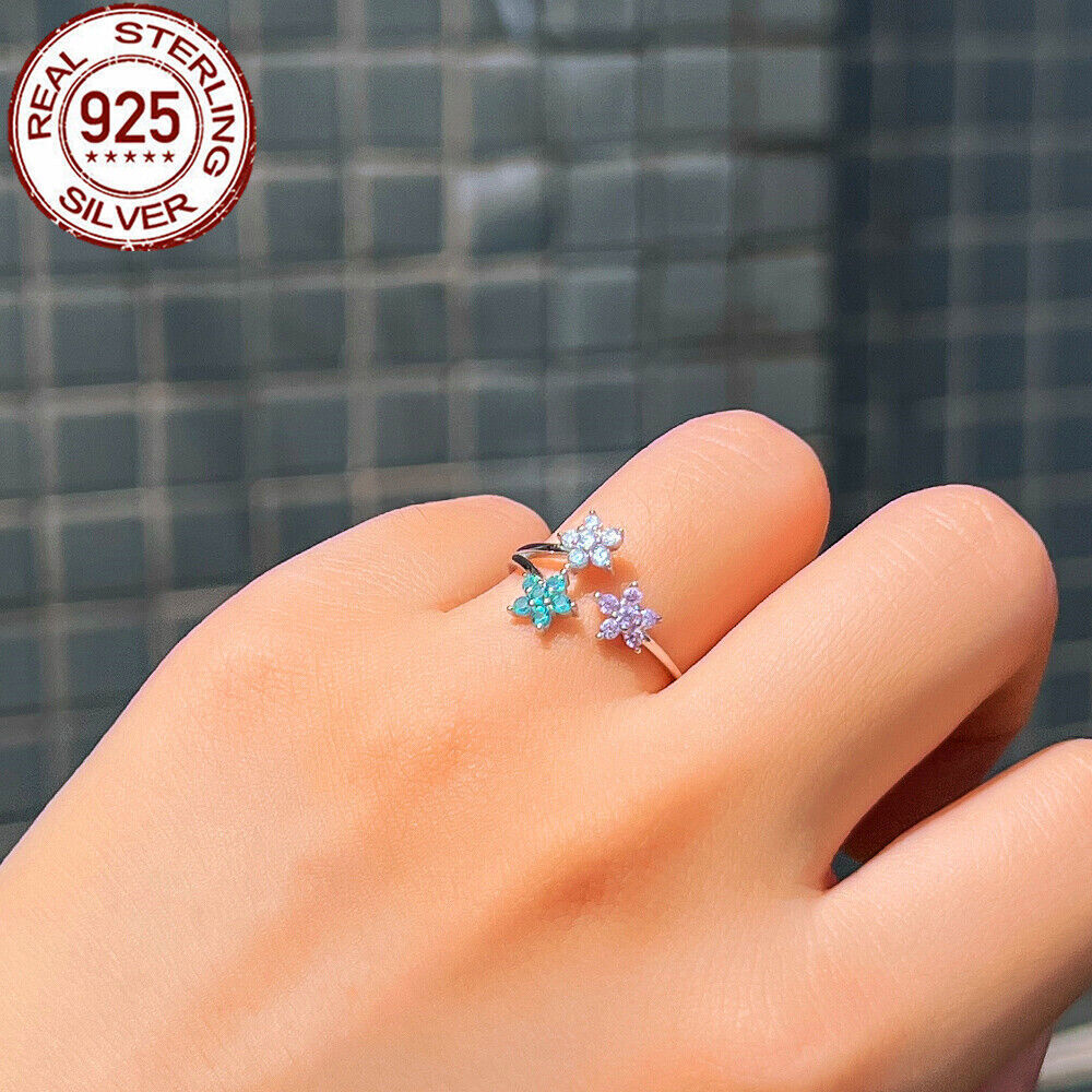 Flower Open Cuff Ring Adjustable Cubic Zircon Polished 925 Sterling Silver Gift