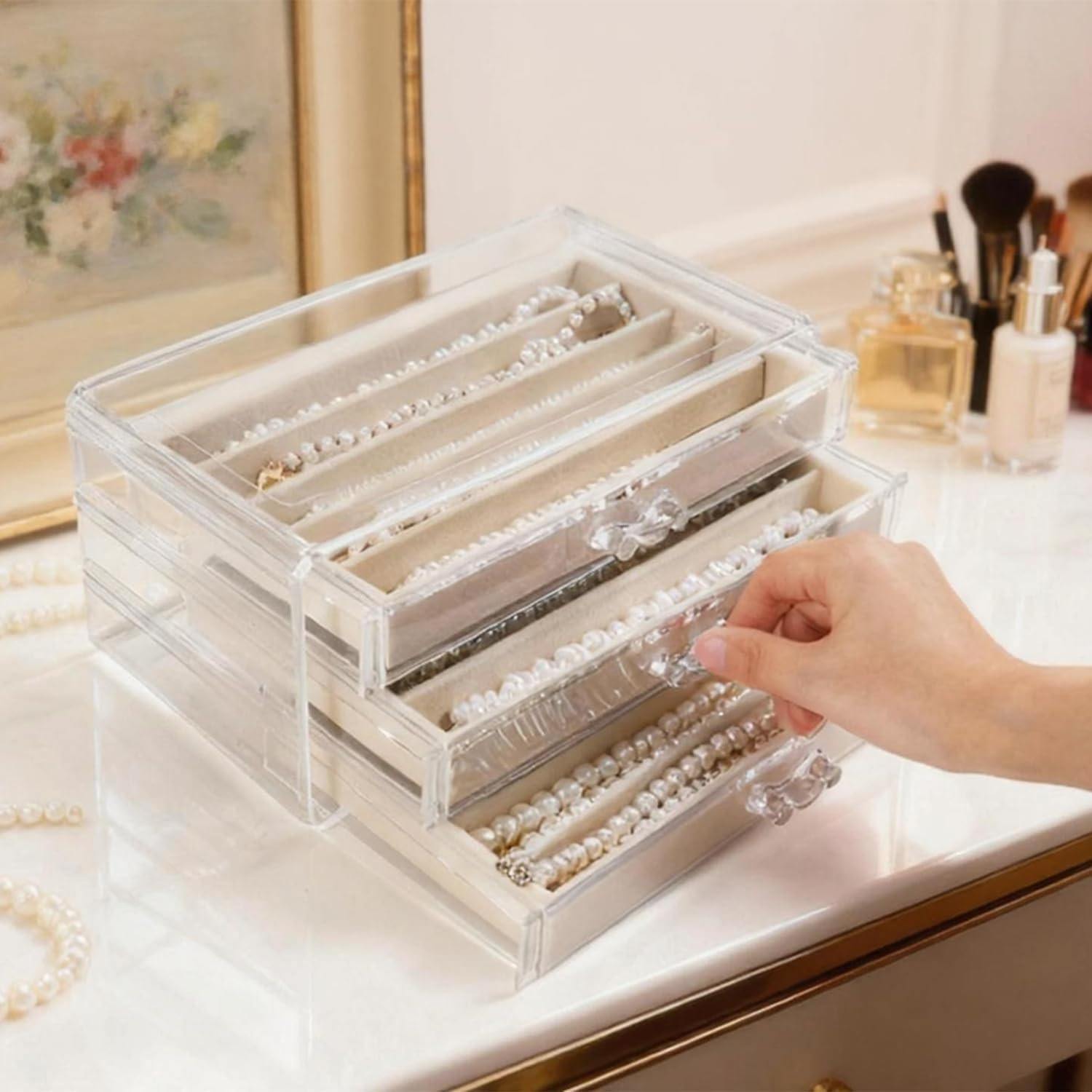 Necklace Organizer Box with Clear Lid, Dustproof Velvet Jewelry Holder Storage D