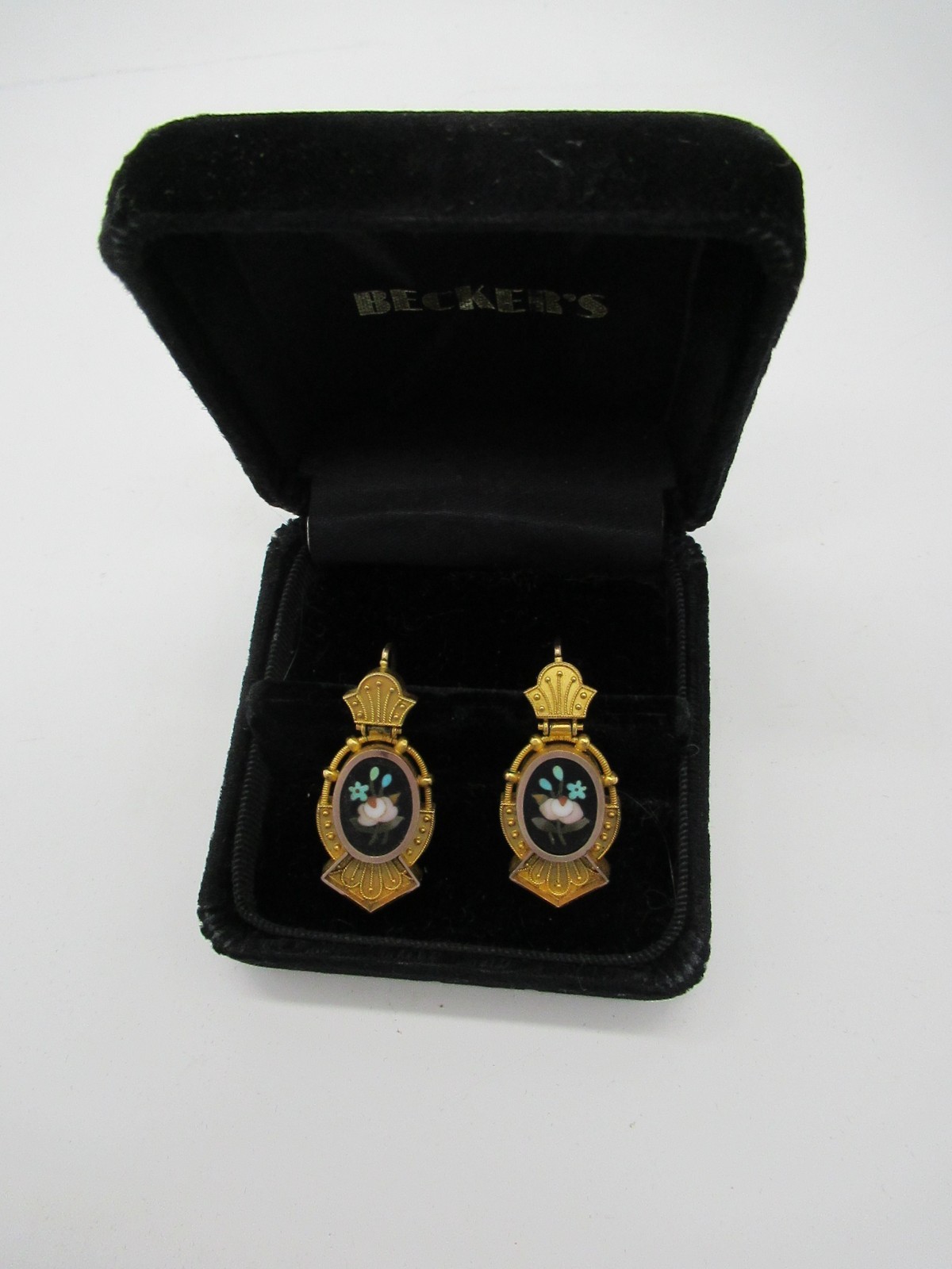 Antique Italian Gold Pietra Dura Floral Mosaic Victorian Pierced Earrings