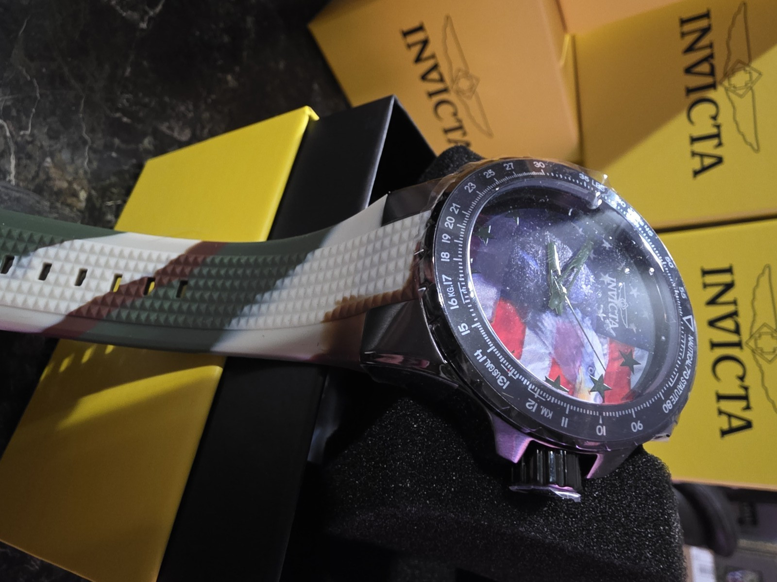 Invicta Aviator Men’s Quartz Analog 50mm 100m Black Case Camo Dial Strap (124)