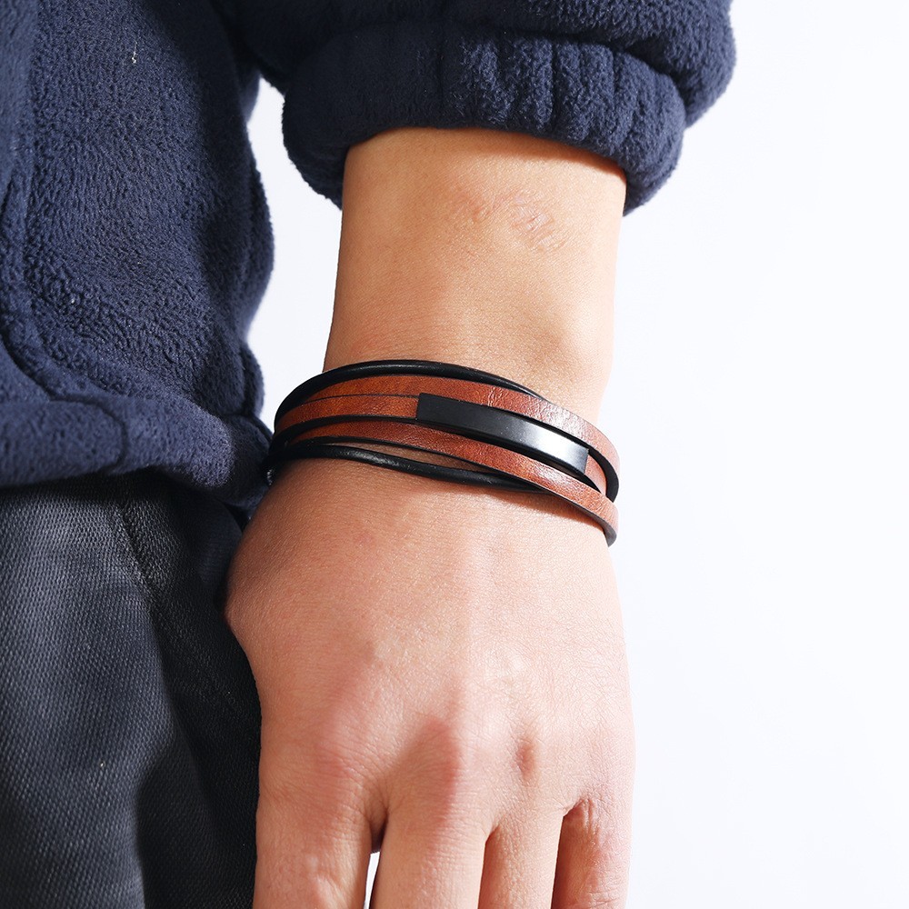 Men’s Leather Braided Bracelet Multilayer Retro Magnet Clasp Bangle Wristband